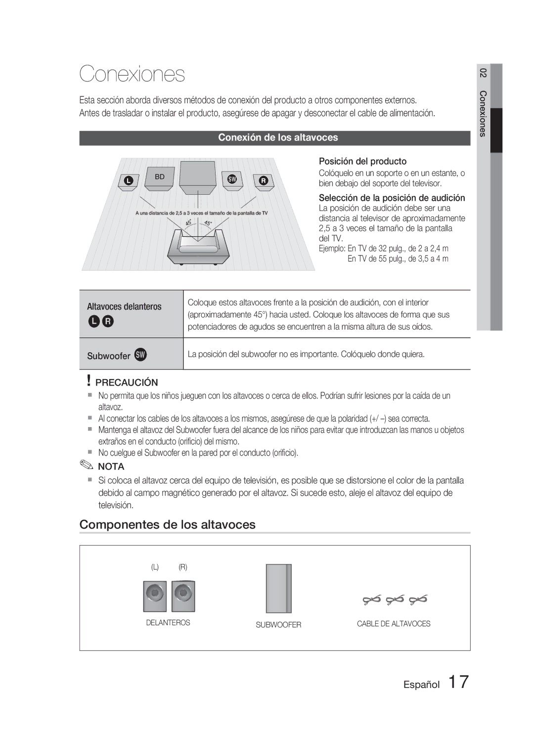 Samsung HT-D5000/ZF manual Conexiones, Componentes de los altavoces, Conexión de los altavoces, Posición del producto 