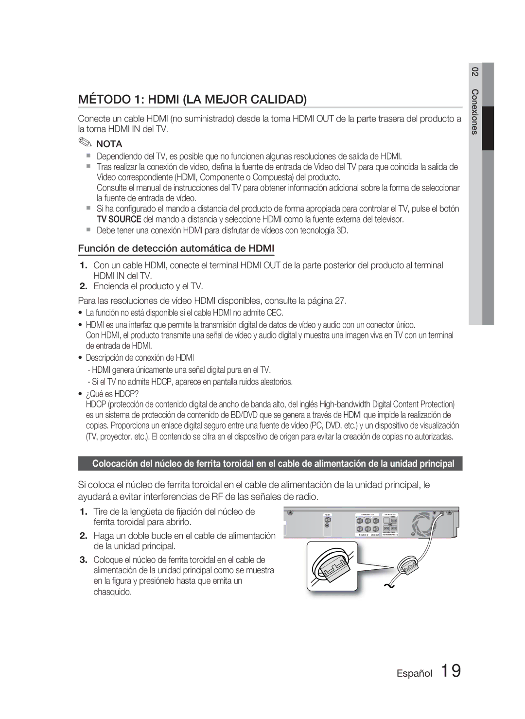 Samsung HT-D5000/ZF manual Método 1 Hdmi LA Mejor Calidad, Función de detección automática de Hdmi 