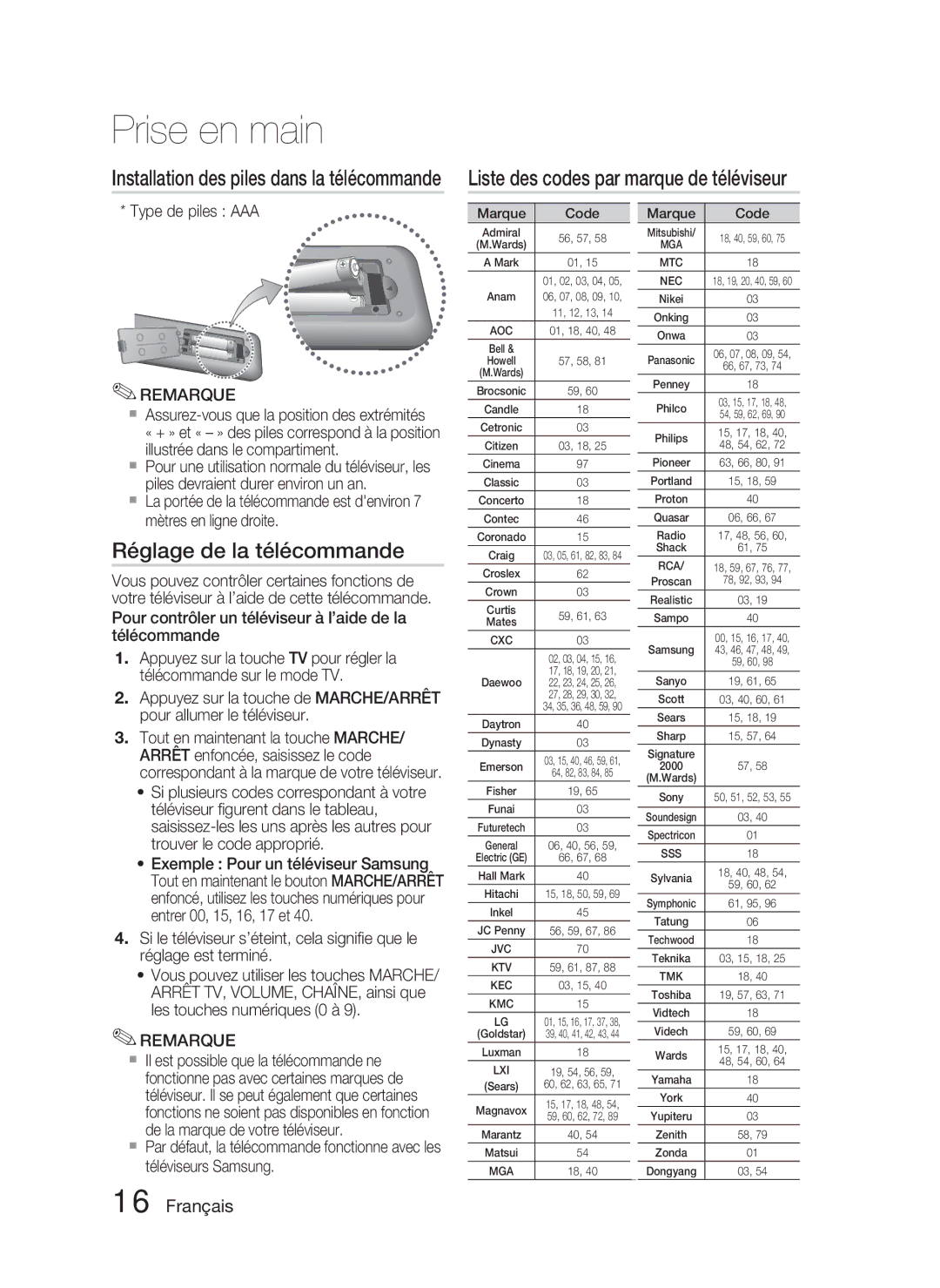 Samsung HT-D5000/ZF manual Liste des codes par marque de téléviseur, Réglage de la télécommande, Type de piles AAA 