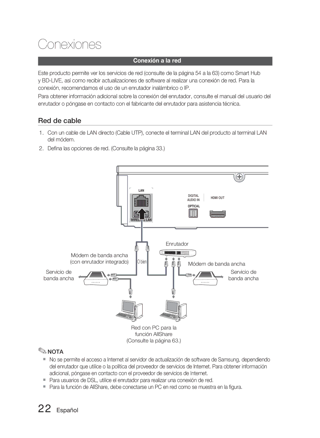 Samsung HT-D5000/ZF manual Red de cable, Conexión a la red 