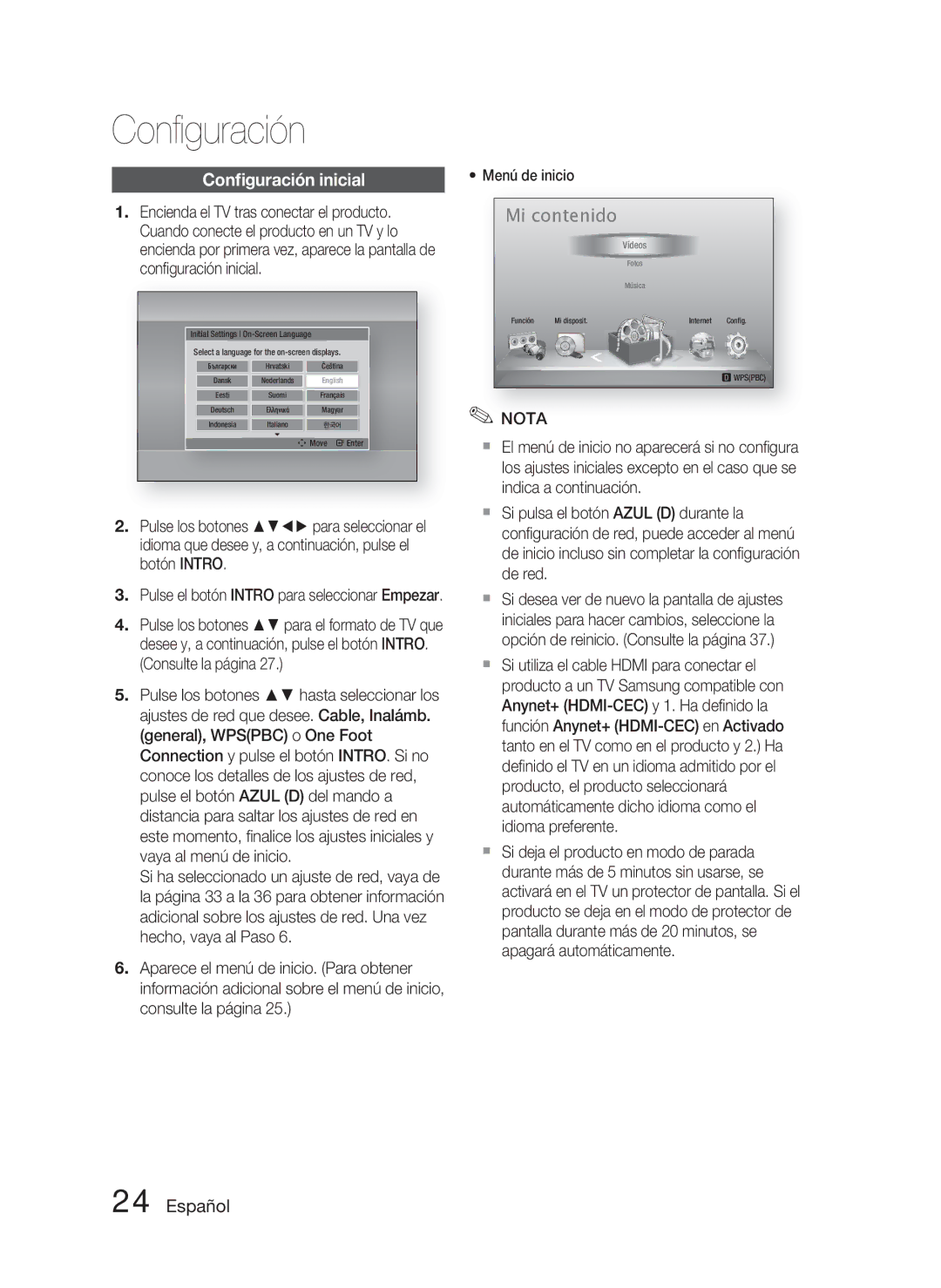 Samsung HT-D5000/ZF manual Conﬁguración inicial, Pulse el botón Intro para seleccionar Empezar 