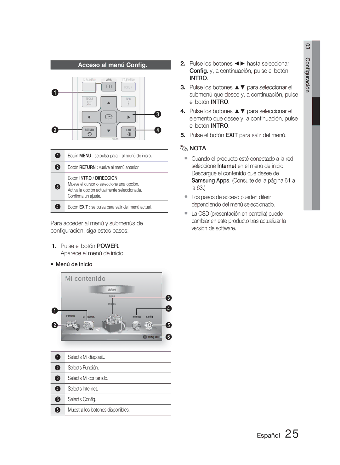 Samsung HT-D5000/ZF manual Acceso al menú Conﬁg, Intro 