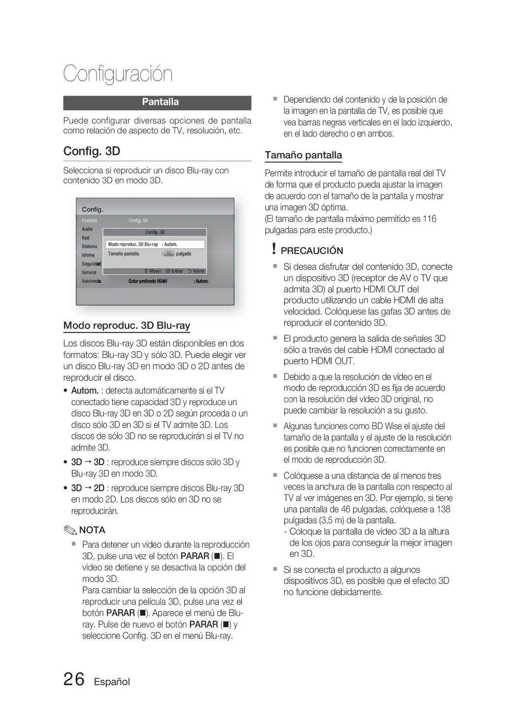 Samsung HT-D5000/ZF manual Conﬁg D, Pantalla, Modo reproduc D Blu-ray, Tamaño pantalla 