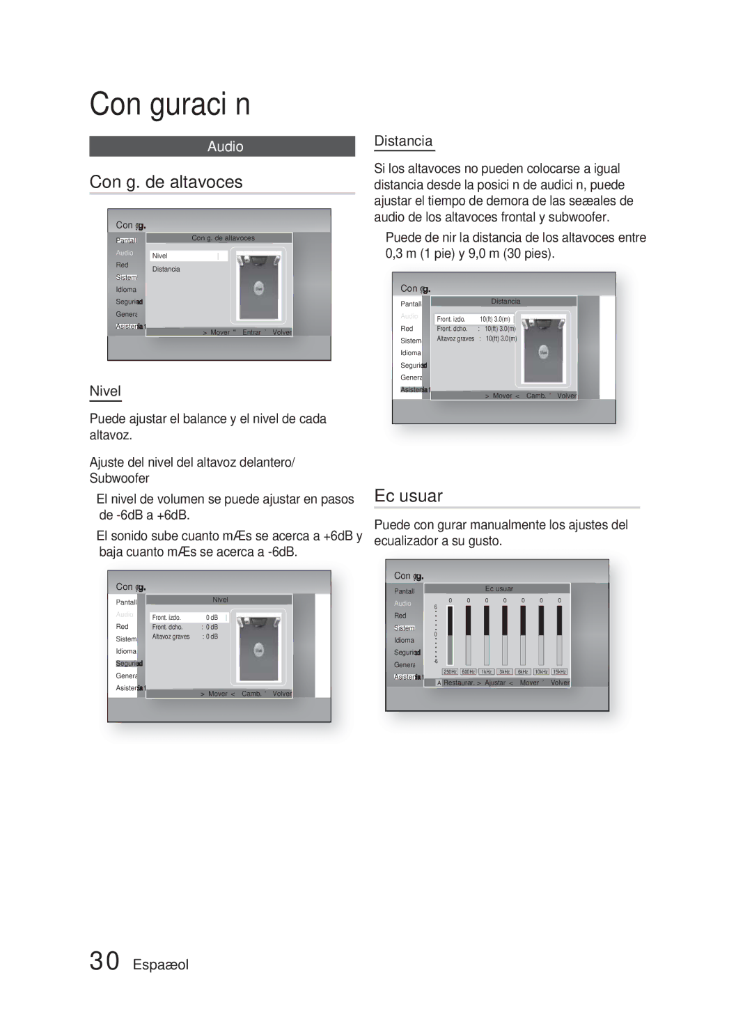 Samsung HT-D5000/ZF manual Conﬁg. de altavoces, Ec usuar, Nivel, Distancia 