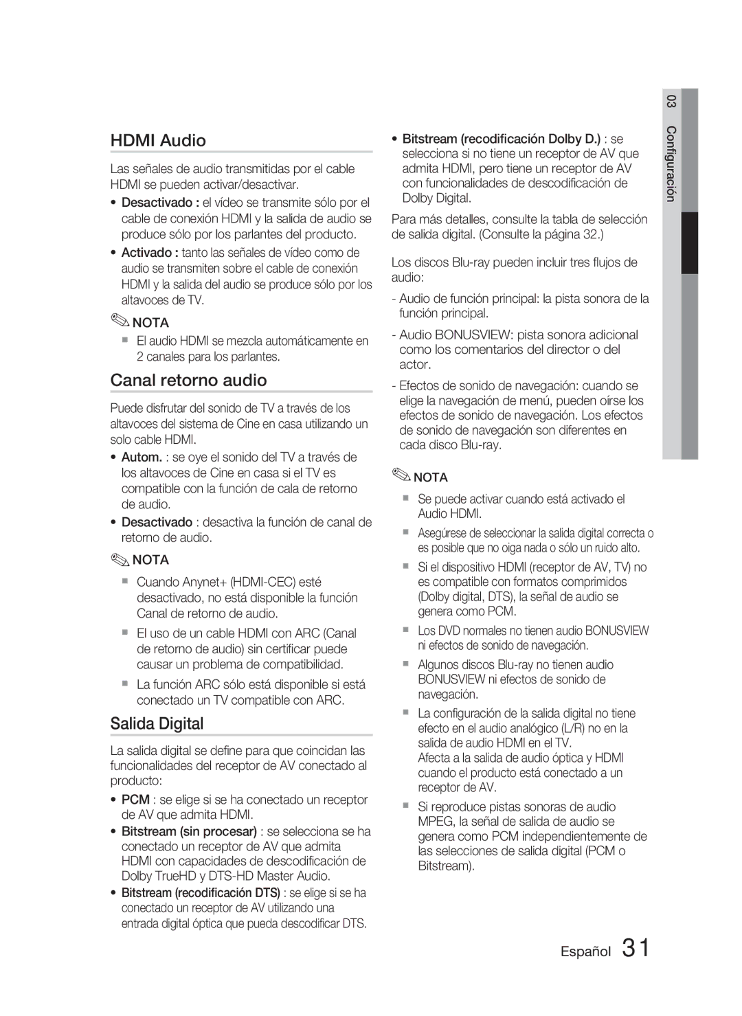 Samsung HT-D5000/ZF manual Canal retorno audio, Salida Digital,  Se puede activar cuando está activado el Audio Hdmi 