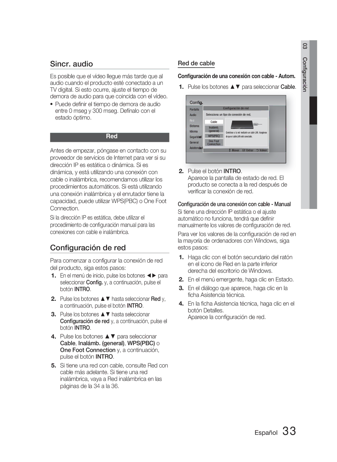 Samsung HT-D5000/ZF manual Sincr. audio, Conﬁguración de red, Red de cable, Pulse el botón Intro 