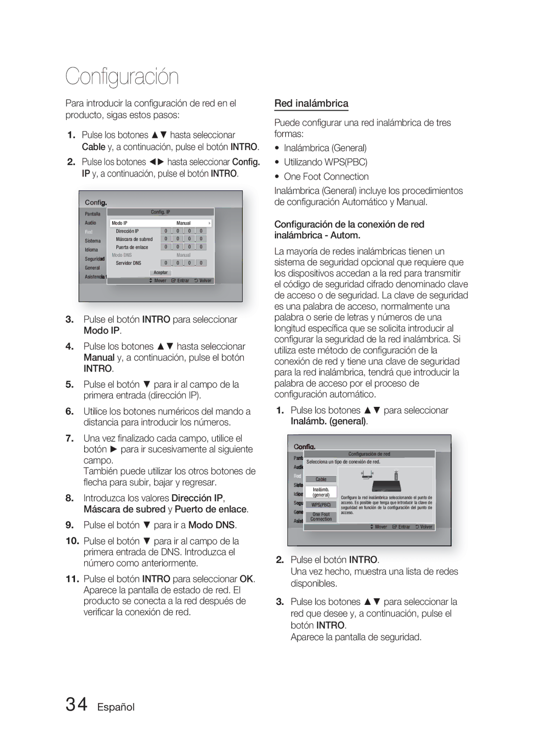 Samsung HT-D5000/ZF manual Red inalámbrica, Pulse el botón Intro para seleccionar Modo IP 