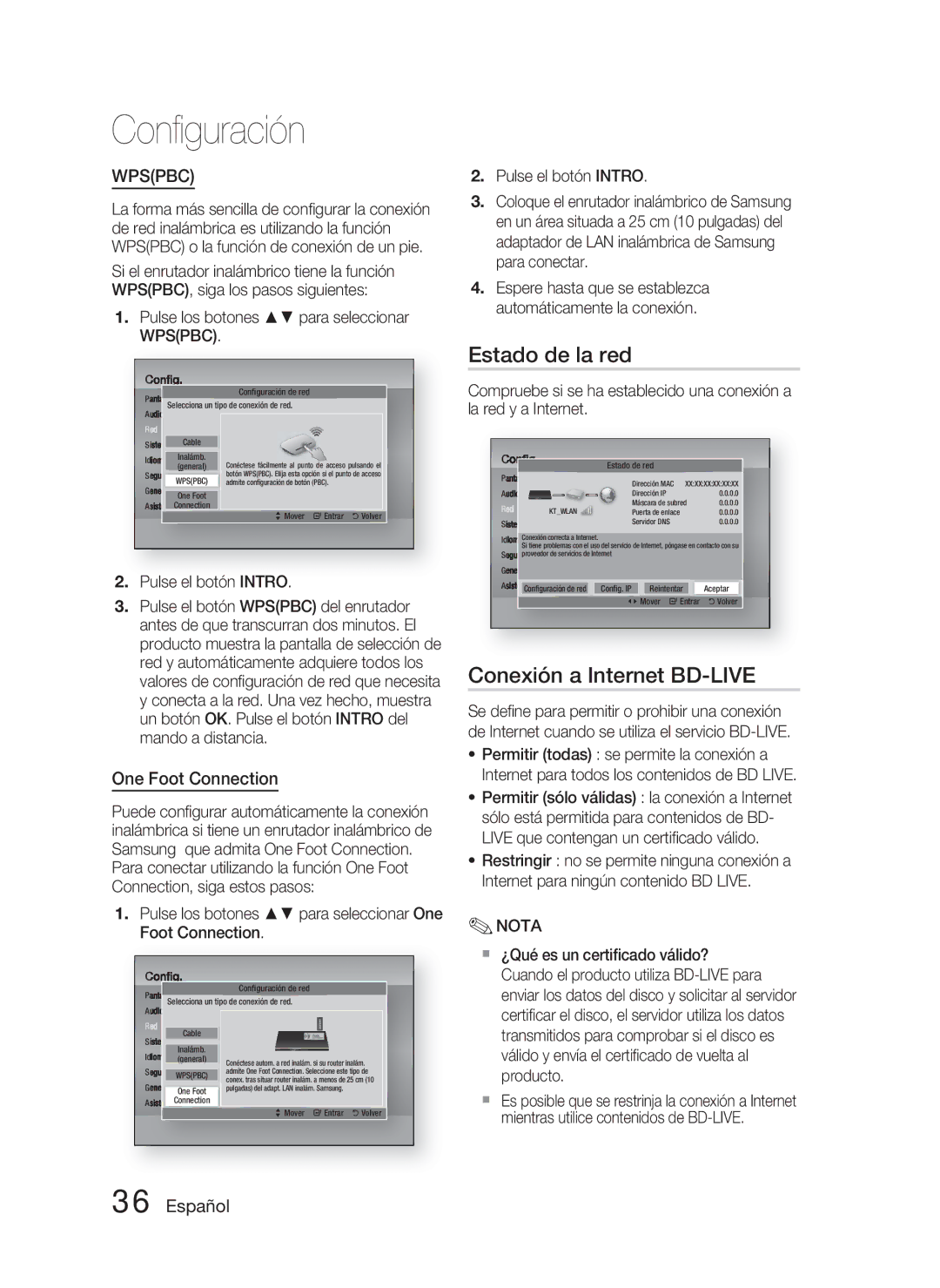 Samsung HT-D5000/ZF manual Estado de la red, Conexión a Internet BD-LIVE, Pulse los botones para seleccionar Wpspbc 