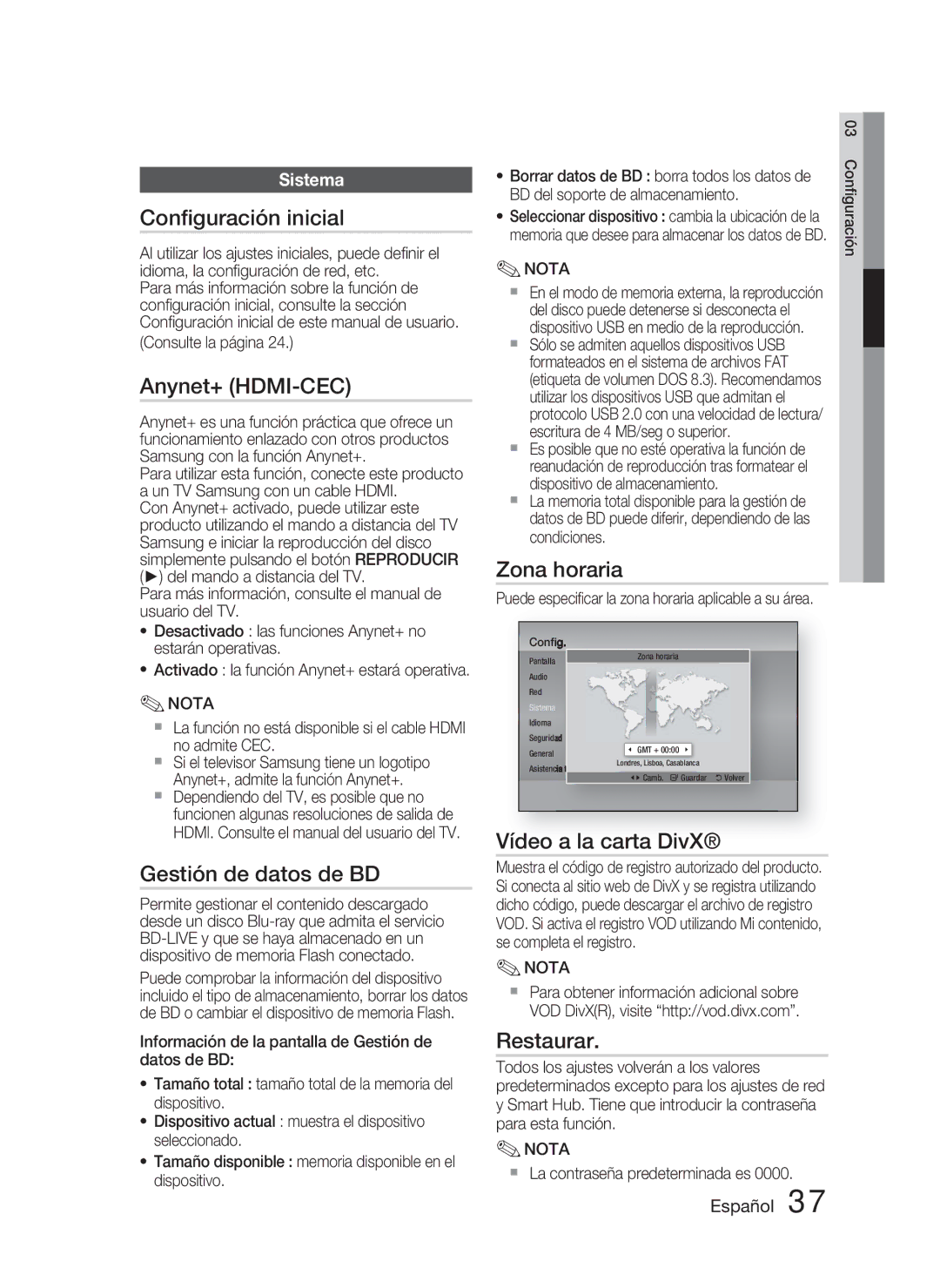 Samsung HT-D5000/ZF manual Conﬁguración inicial, Gestión de datos de BD, Zona horaria, Vídeo a la carta DivX, Restaurar 