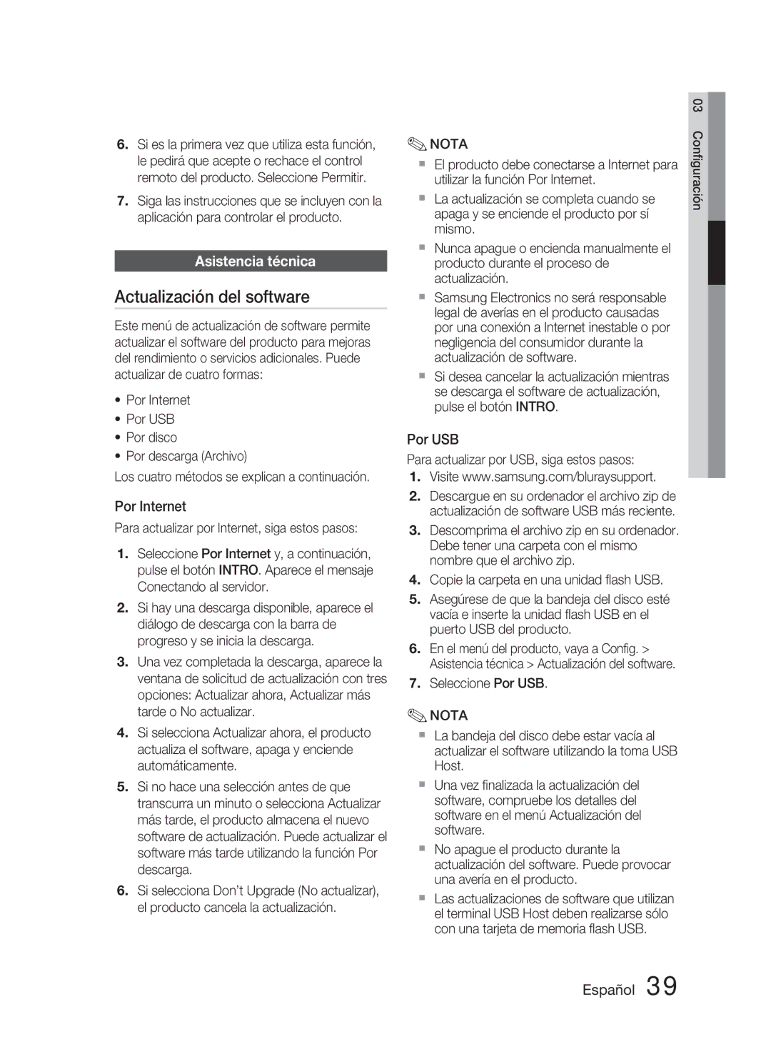 Samsung HT-D5000/ZF manual Actualización del software, Asistencia técnica, Por Internet, Por USB 