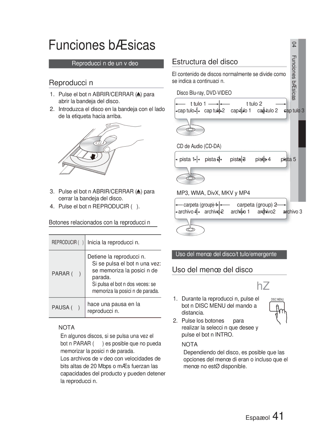 Samsung HT-D5000/ZF manual Funciones básicas, Reproducción, Estructura del disco, Uso del menú del disco 