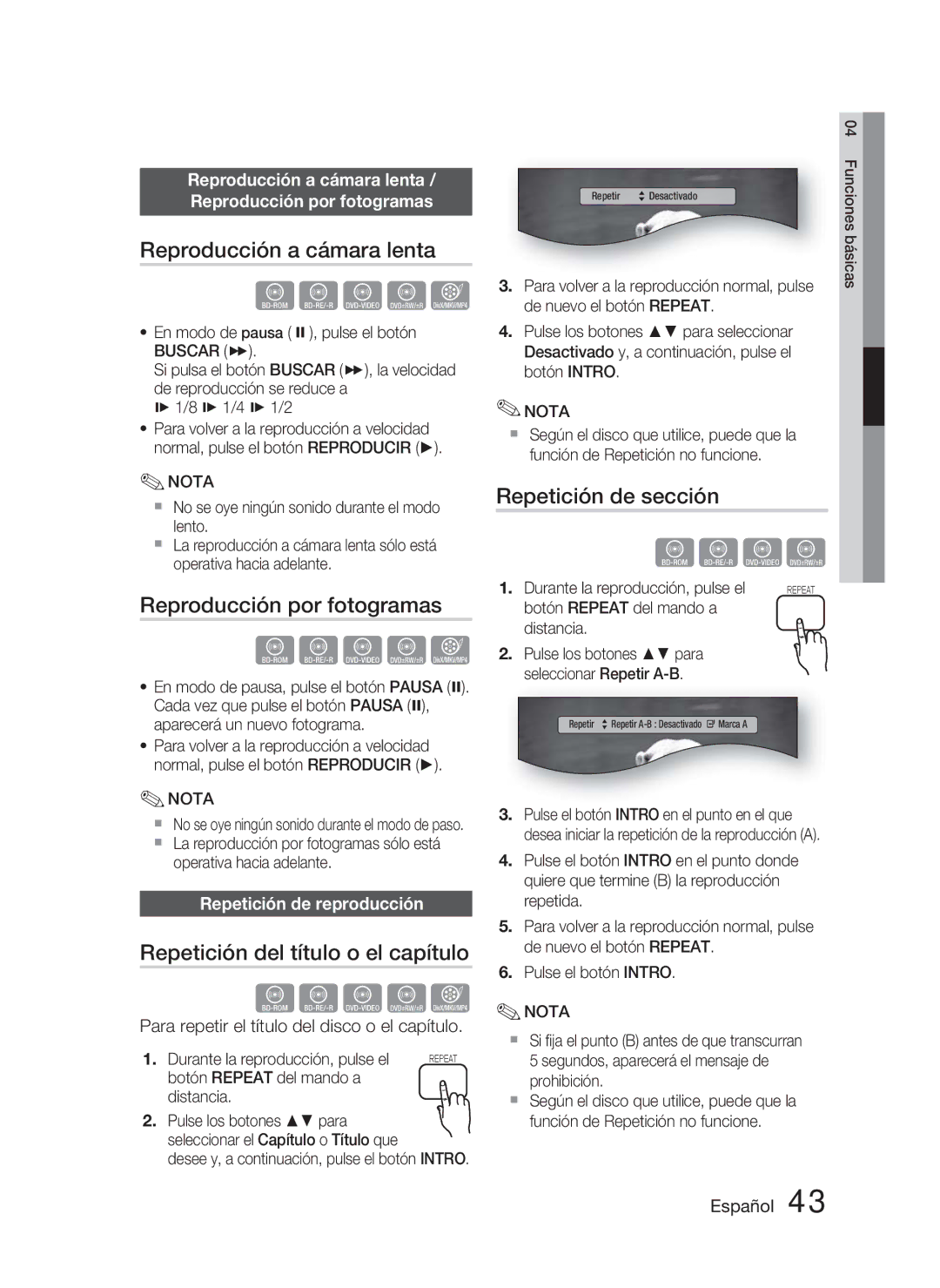 Samsung HT-D5000/ZF manual Reproducción a cámara lenta, Reproducción por fotogramas, Repetición del título o el capítulo 