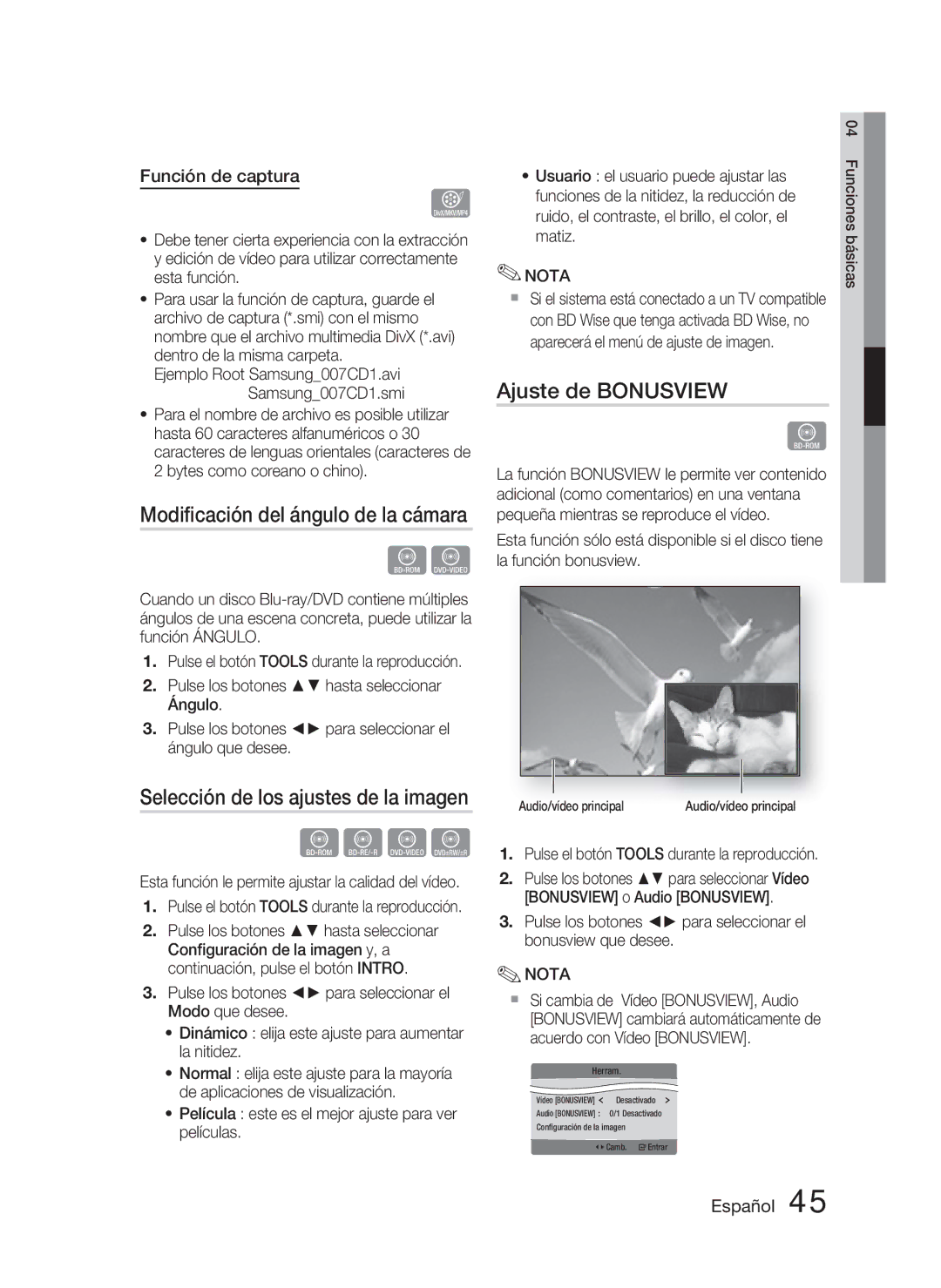 Samsung HT-D5000/ZF manual Modiﬁcación del ángulo de la cámara, Ajuste de Bonusview, Función de captura 