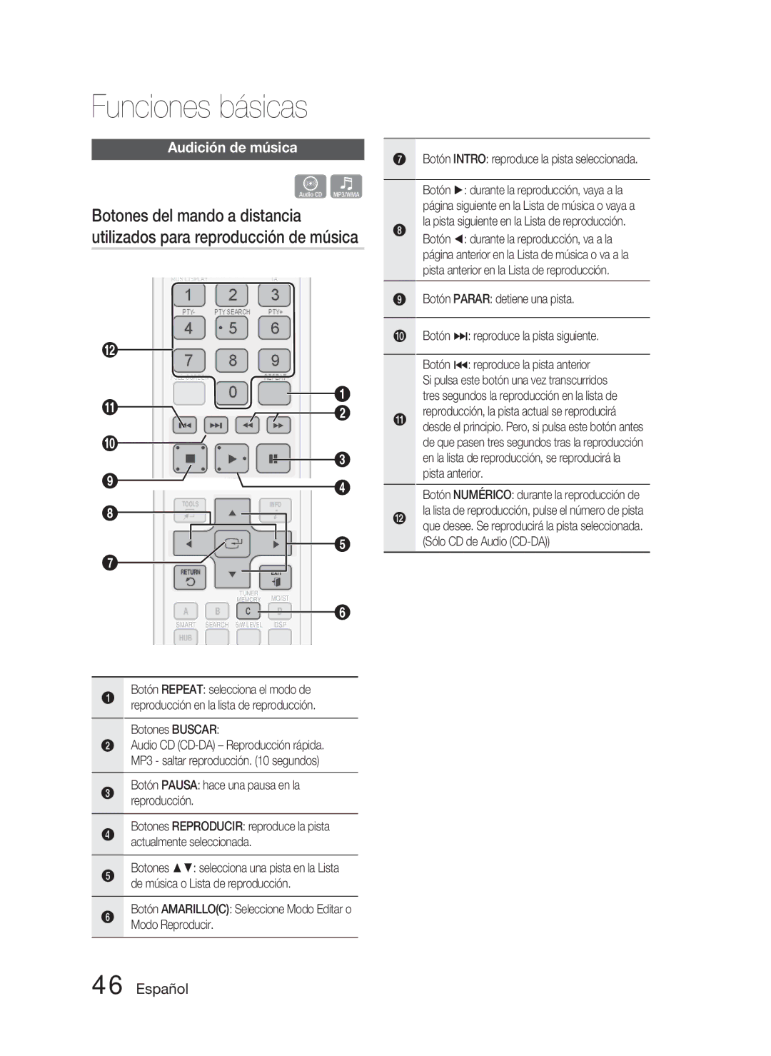 Samsung HT-D5000/ZF manual Audición de música, Botones Buscar, Botón Numérico durante la reproducción de 