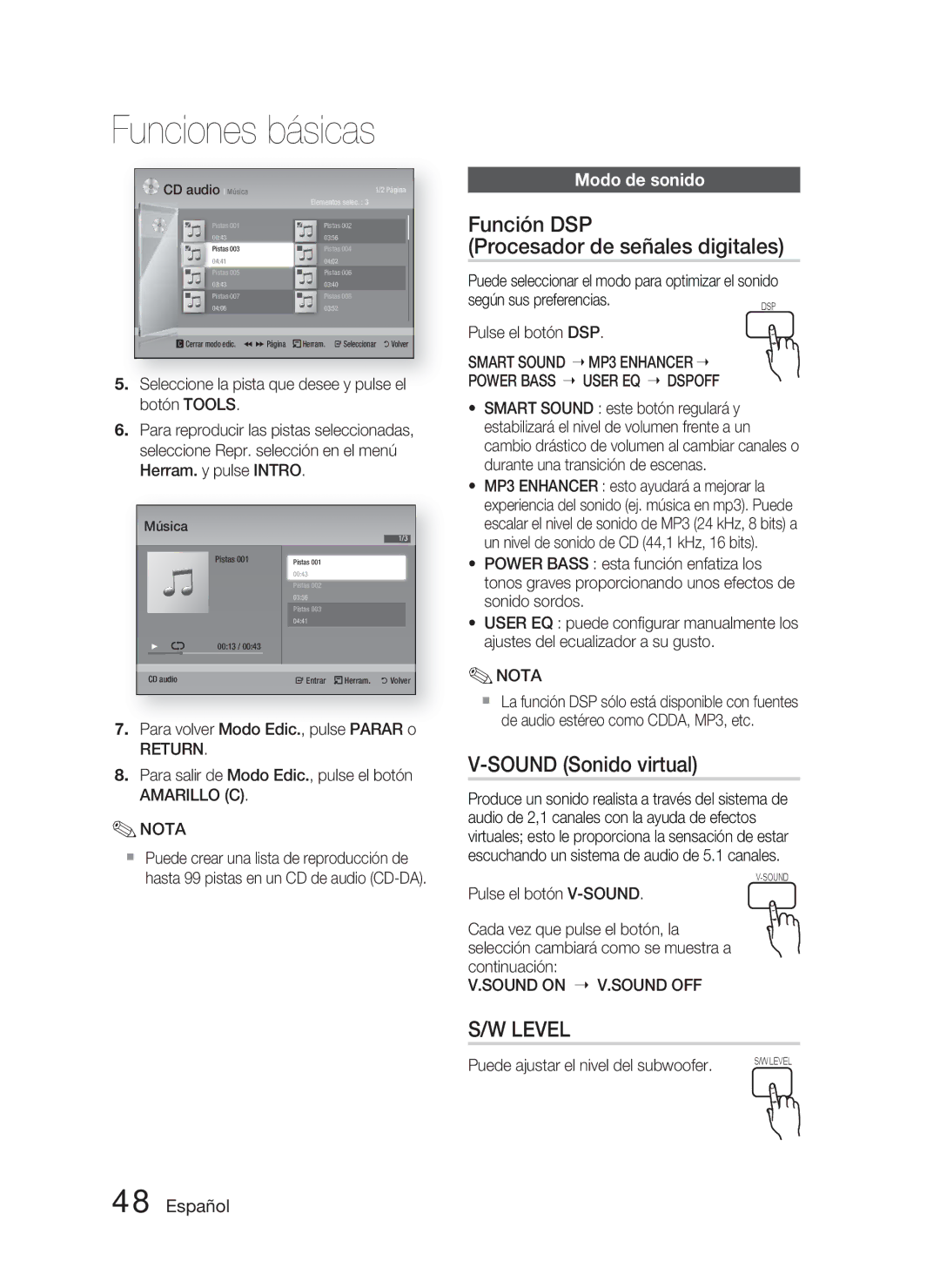 Samsung HT-D5000/ZF manual Función DSP Procesador de señales digitales, Sound Sonido virtual, Modo de sonido 