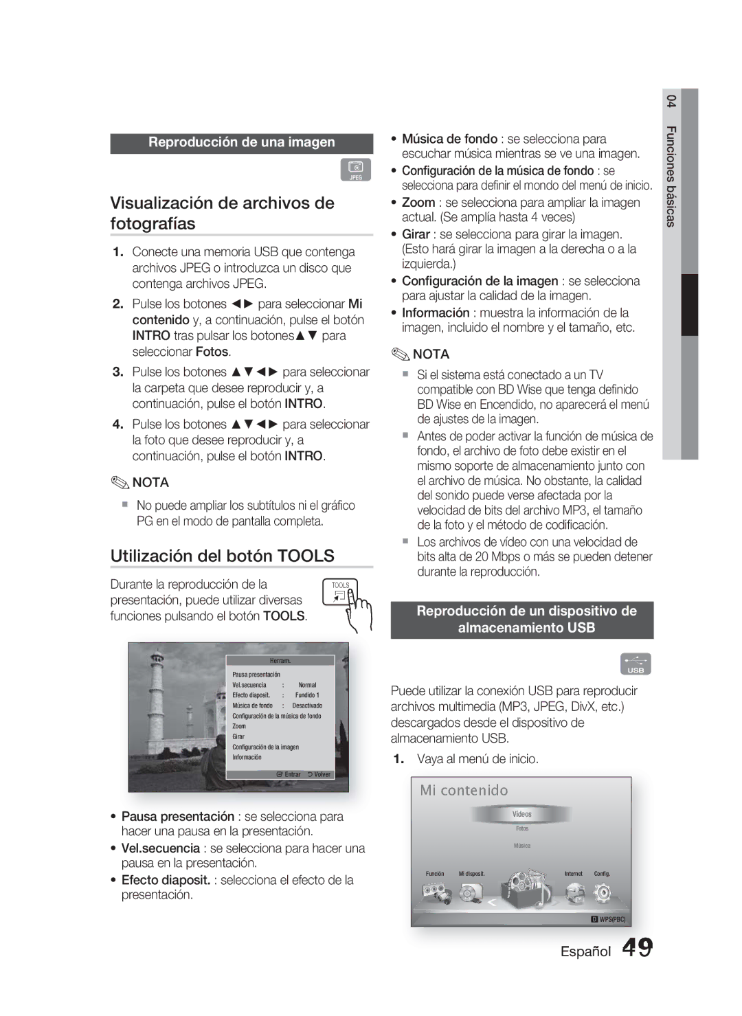 Samsung HT-D5000/ZF Visualización de archivos de fotografías, Utilización del botón Tools, Reproducción de una imagen 