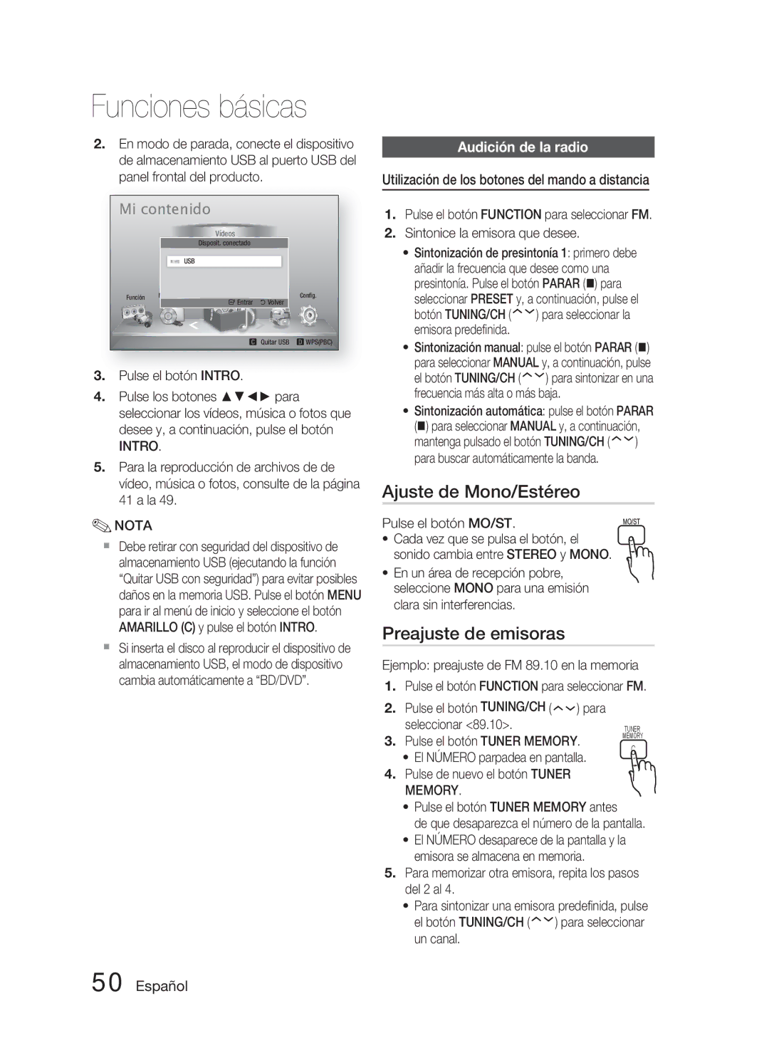 Samsung HT-D5000/ZF manual Ajuste de Mono/Estéreo, Preajuste de emisoras, Audición de la radio 