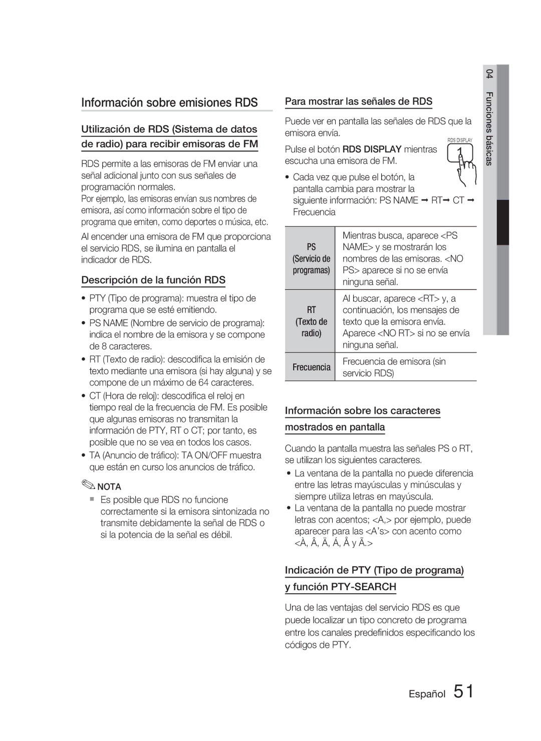 Samsung HT-D5000/ZF manual Información sobre emisiones RDS, Descripción de la función RDS 