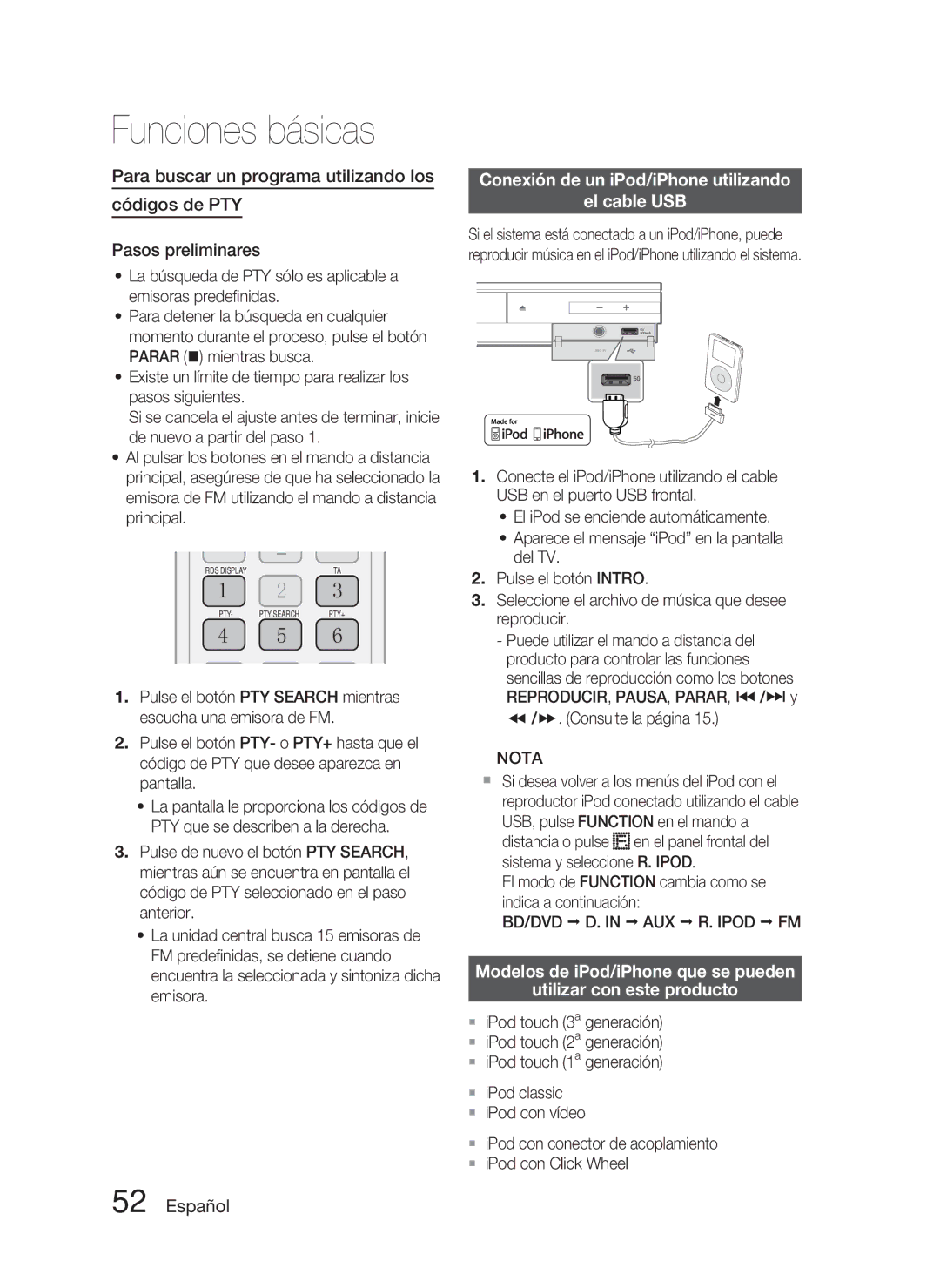 Samsung HT-D5000/ZF manual Conexión de un iPod/iPhone utilizando El cable USB,  /. Consulte la página 