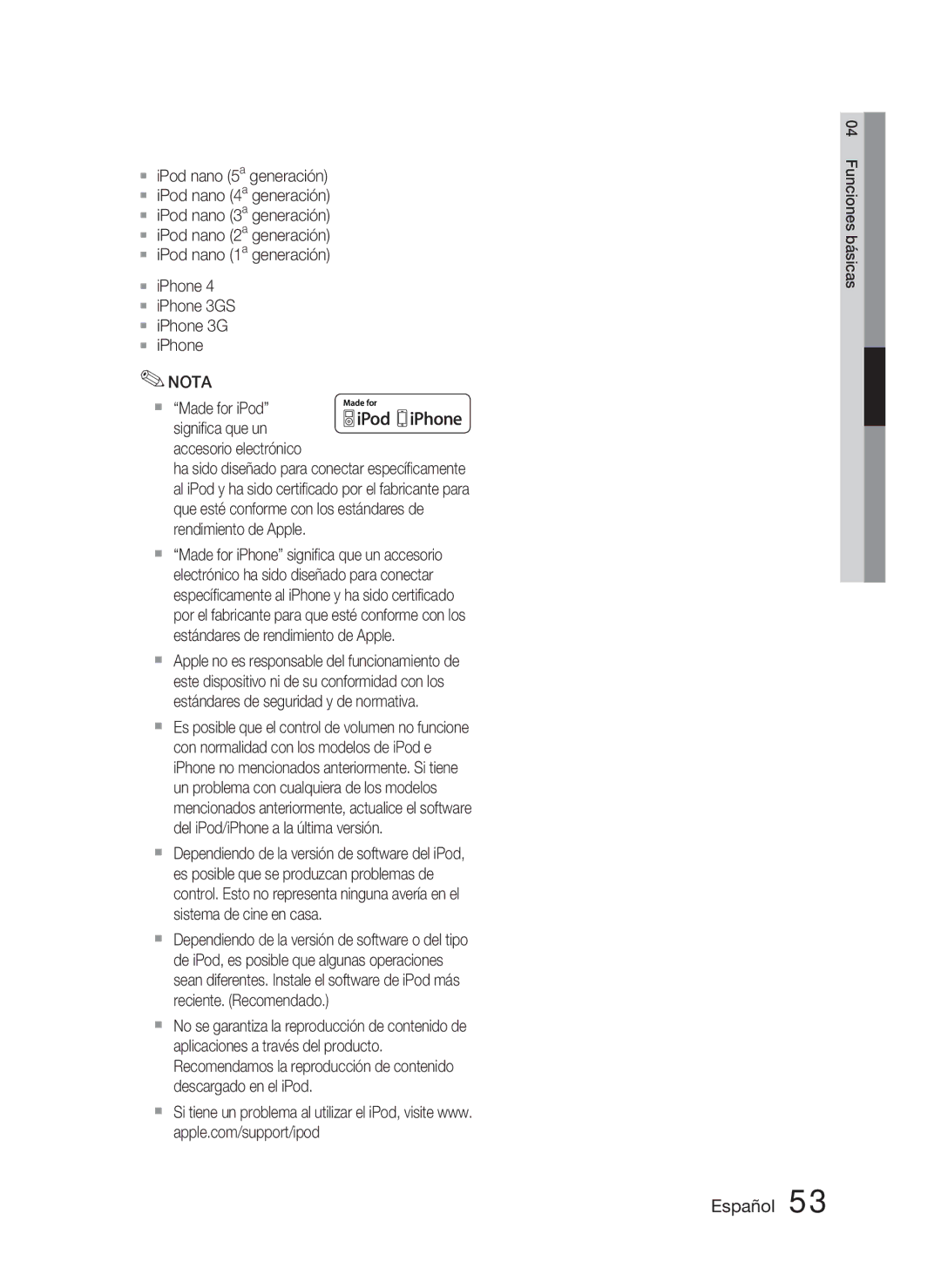 Samsung HT-D5000/ZF manual Accesorio electrónico,  Made for iPod signiﬁca que un 