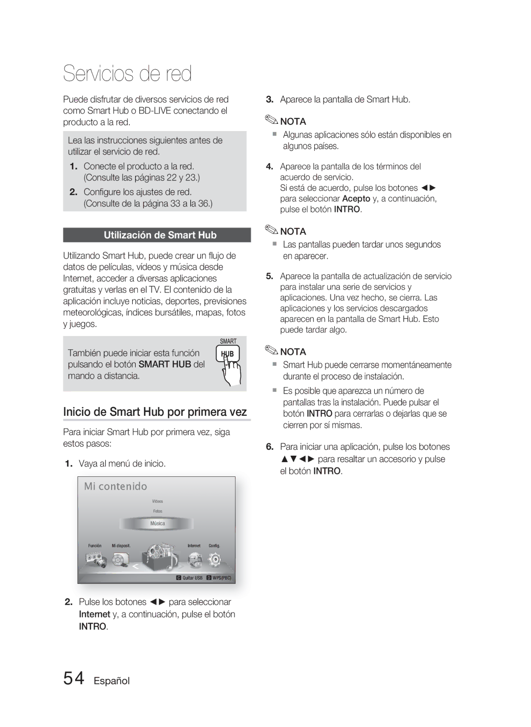 Samsung HT-D5000/ZF manual Servicios de red, Inicio de Smart Hub por primera vez, Utilización de Smart Hub 