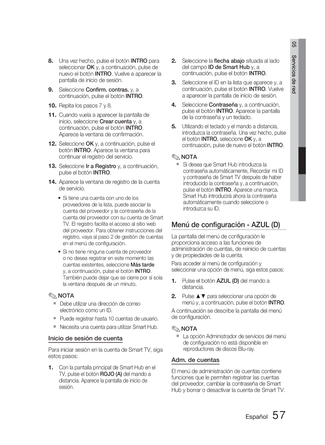 Samsung HT-D5000/ZF manual Menú de conﬁguración Azul D, Inicio de sesión de cuenta, Adm. de cuentas 