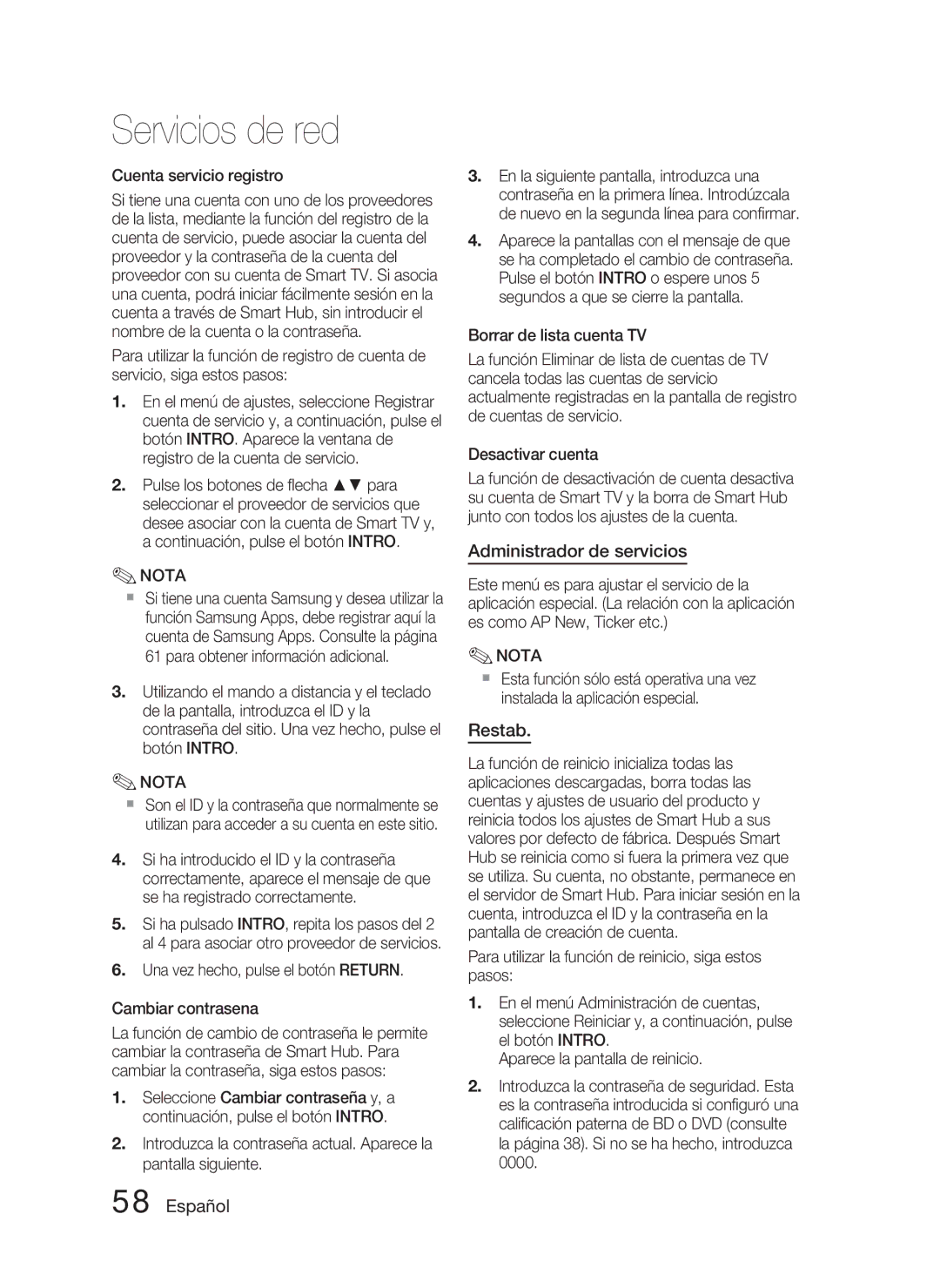 Samsung HT-D5000/ZF manual Administrador de servicios, Restab, Cuenta servicio registro 