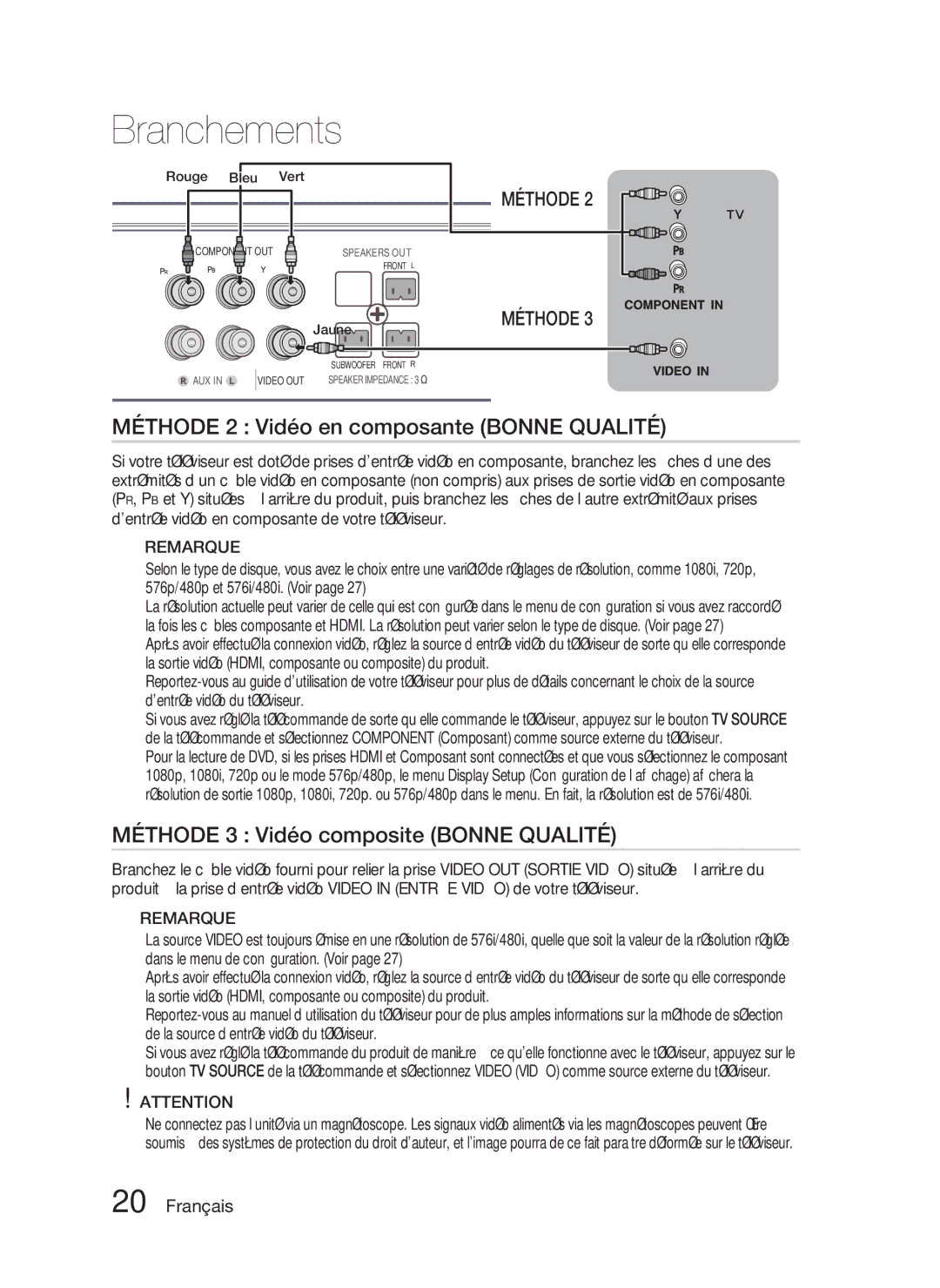 Samsung HT-D5000/ZF Méthode 2 Vidéo en composante Bonne Qualité, Méthode 3 Vidéo composite Bonne Qualité, Rouge Bleu Vert 