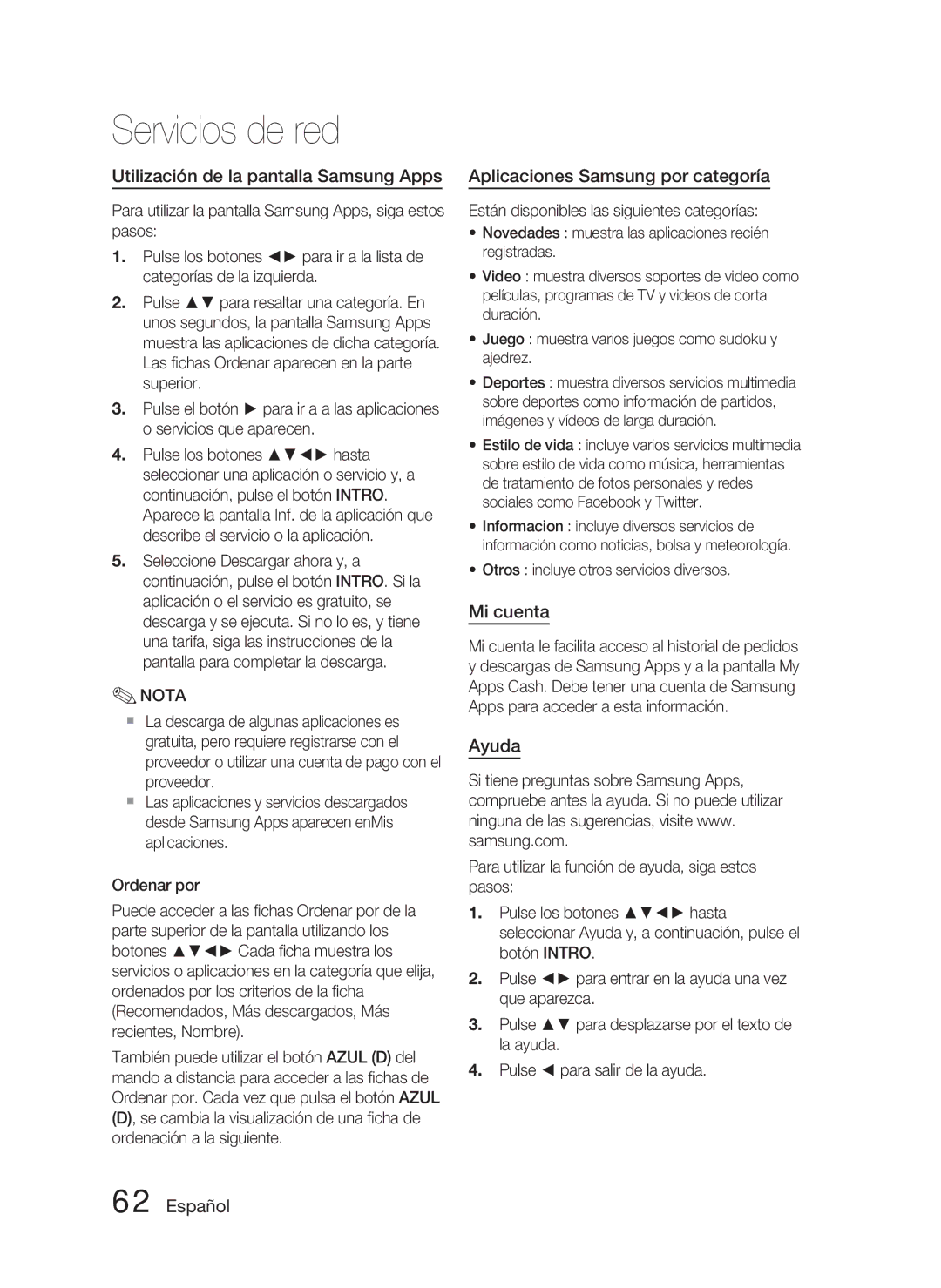 Samsung HT-D5000/ZF manual Utilización de la pantalla Samsung Apps, Aplicaciones Samsung por categoría, Mi cuenta, Ayuda 