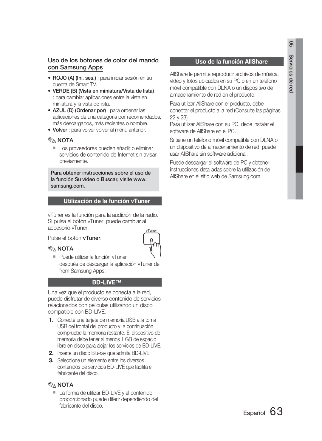 Samsung HT-D5000/ZF manual Uso de los botones de color del mando con Samsung Apps, Uso de la función AllShare 