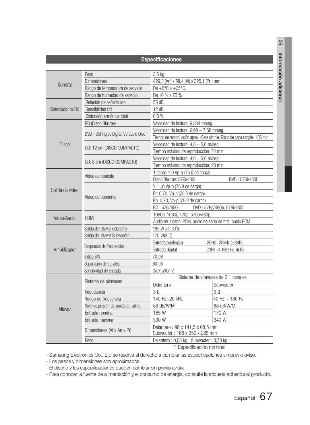 Samsung HT-D5000/ZF manual Especiﬁcaciones, General, 23 Ω, Especiﬁcación nominal 