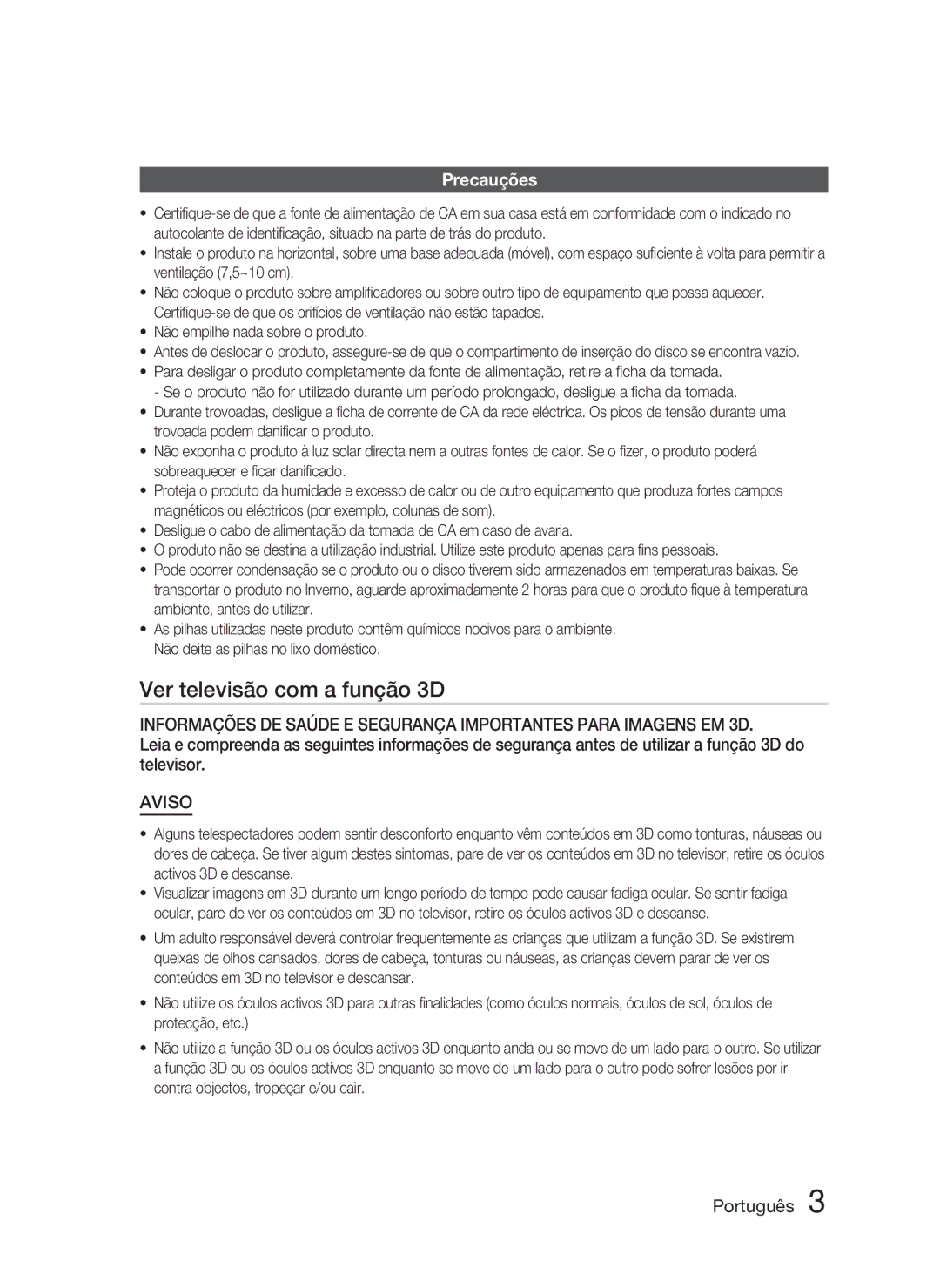 Samsung HT-D5000/ZF manual Ver televisão com a função 3D, Precauções 