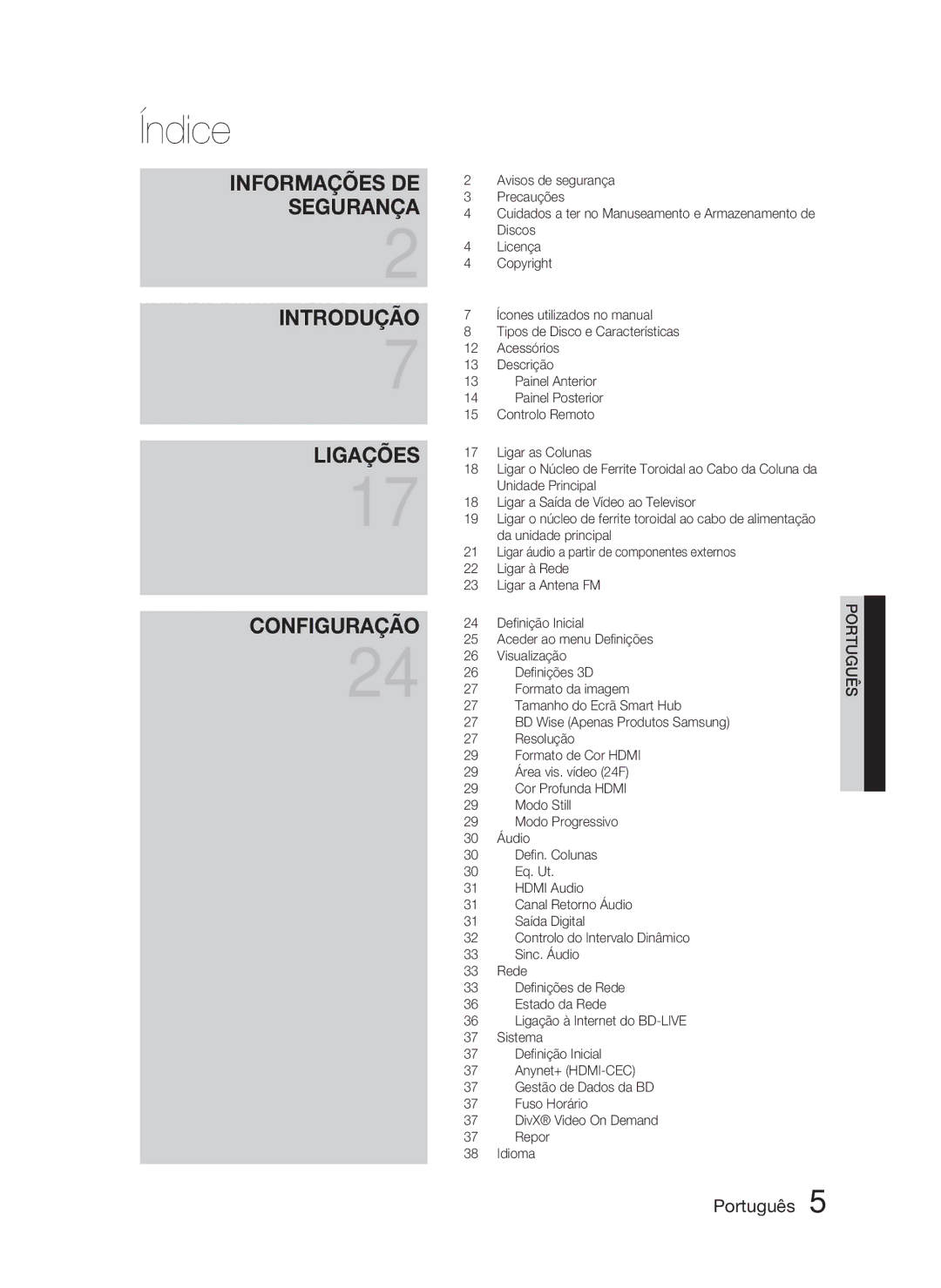 Samsung HT-D5000/ZF Avisos de segurança, Precauções, Licença, Ícones utilizados no manual, Acessórios, Descrição, Áudio 