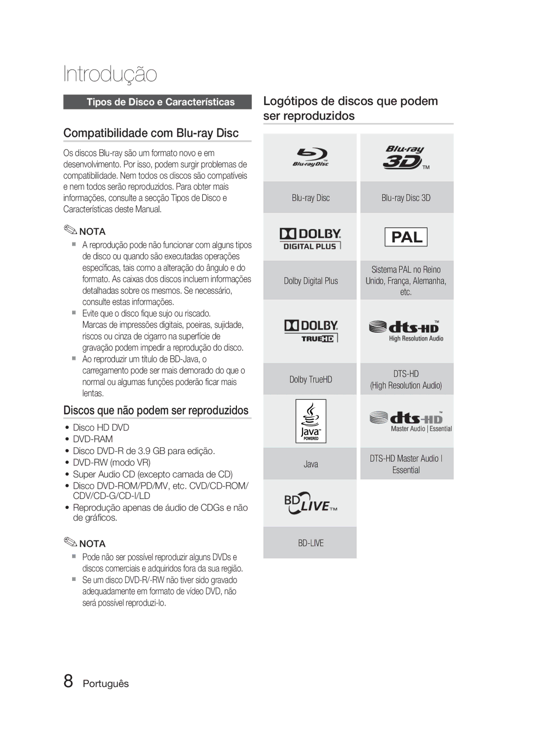 Samsung HT-D5000/ZF manual Compatibilidade com Blu-ray Disc, Logótipos de discos que podem ser reproduzidos 