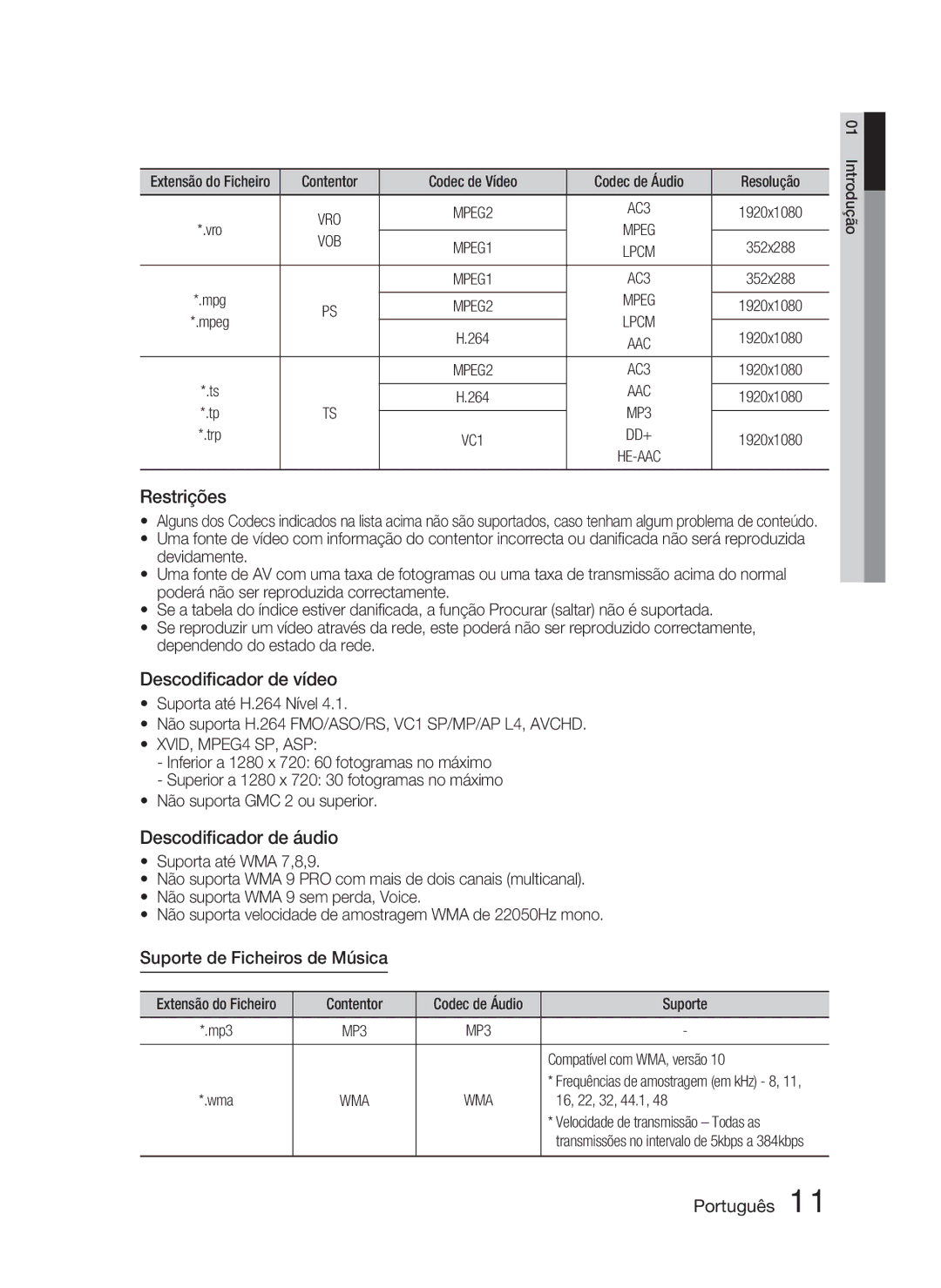 Samsung HT-D5000/ZF manual Restrições, Descodiﬁcador de áudio, Suporte de Ficheiros de Música 