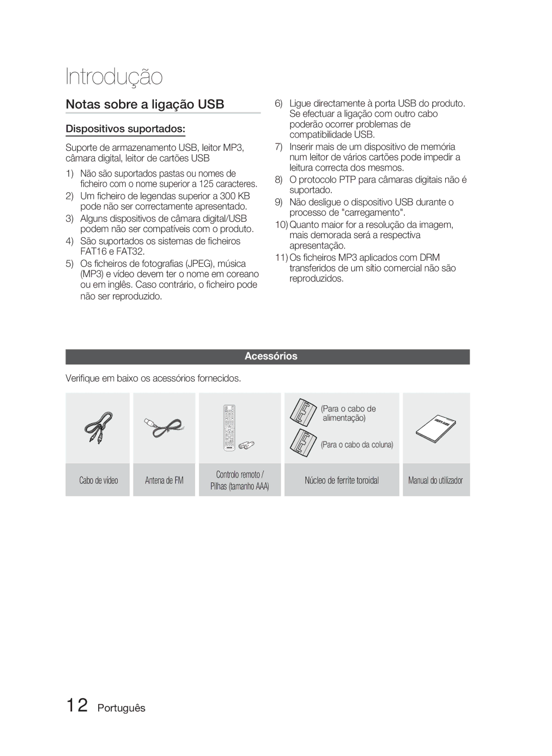 Samsung HT-D5000/ZF manual Notas sobre a ligação USB, Dispositivos suportados, Acessórios 