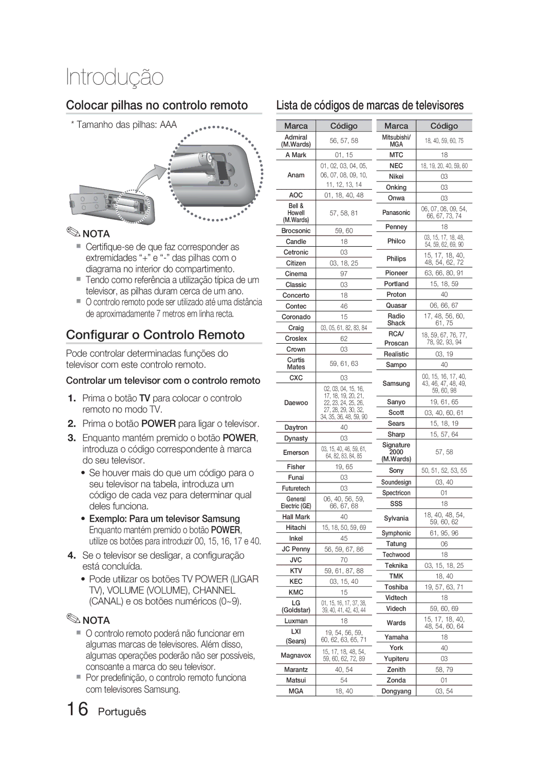 Samsung HT-D5000/ZF manual Conﬁgurar o Controlo Remoto, Tamanho das pilhas AAA 