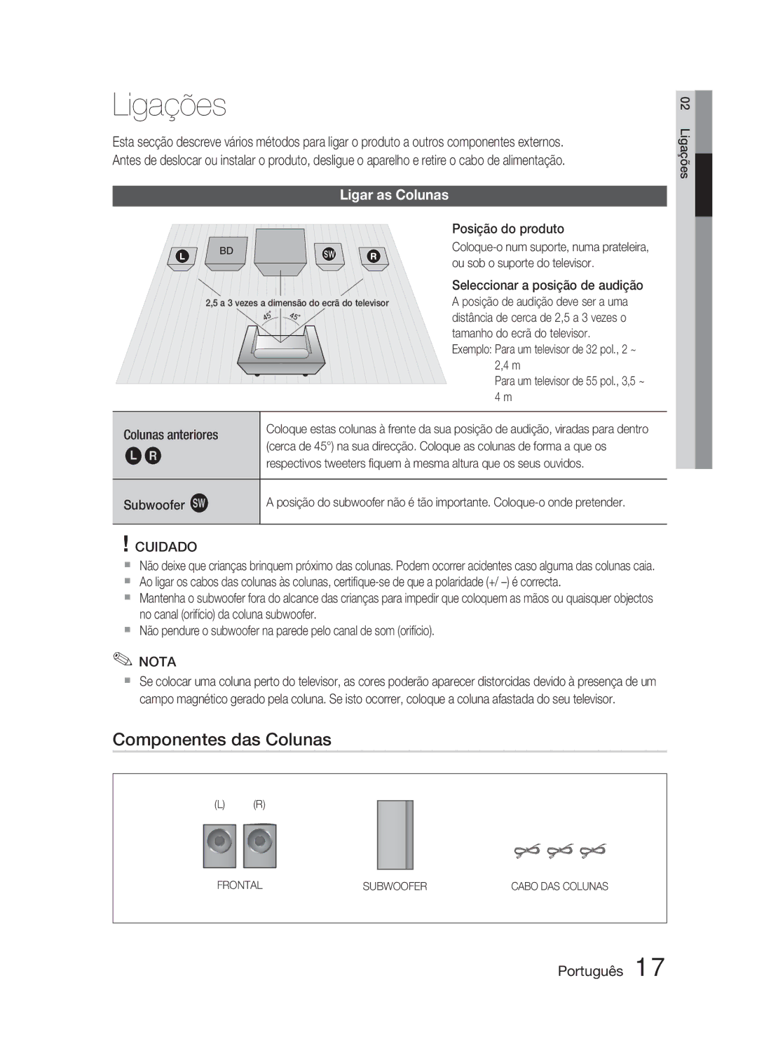 Samsung HT-D5000/ZF manual Ligações, Componentes das Colunas, Ligar as Colunas 