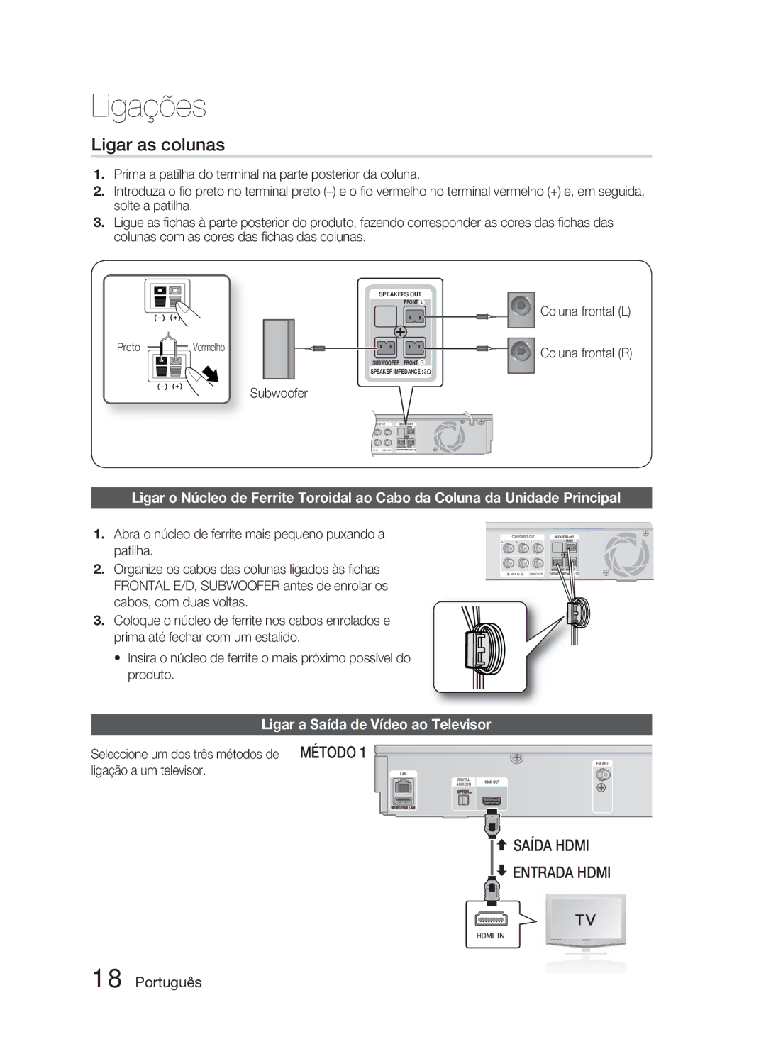 Samsung HT-D5000/ZF manual Ligar as colunas, Ligar a Saída de Vídeo ao Televisor, Coluna frontal L, Preto 