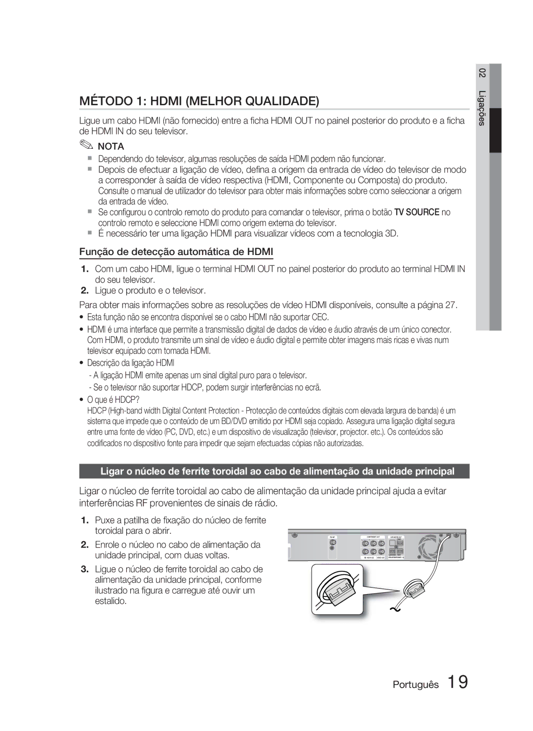 Samsung HT-D5000/ZF manual Método 1 Hdmi Melhor Qualidade, Função de detecção automática de Hdmi 