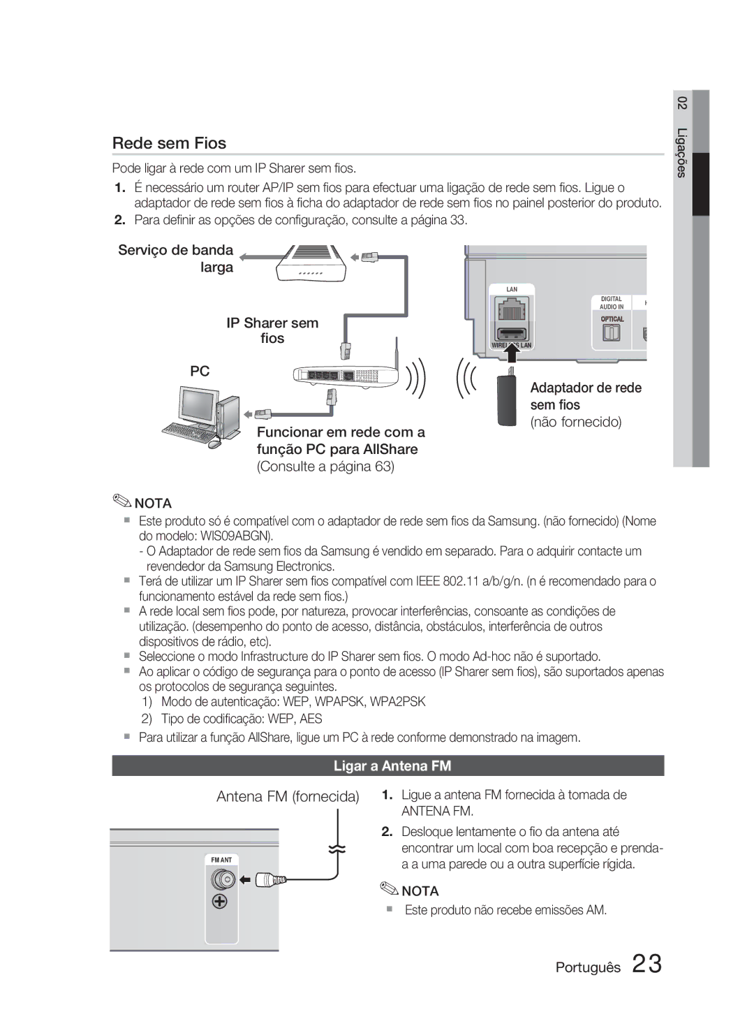 Samsung HT-D5000/ZF manual Antena FM fornecida, Adaptador de rede sem ﬁos Não fornecido, Ligar a Antena FM 