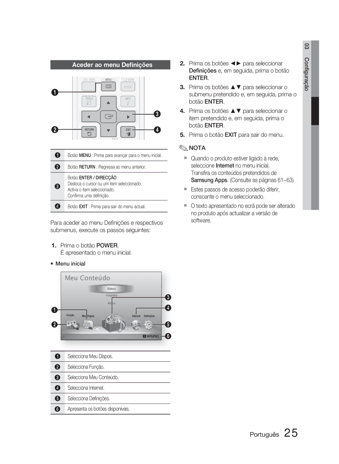 Samsung HT-D5000/ZF manual Aceder ao menu Deﬁnições 