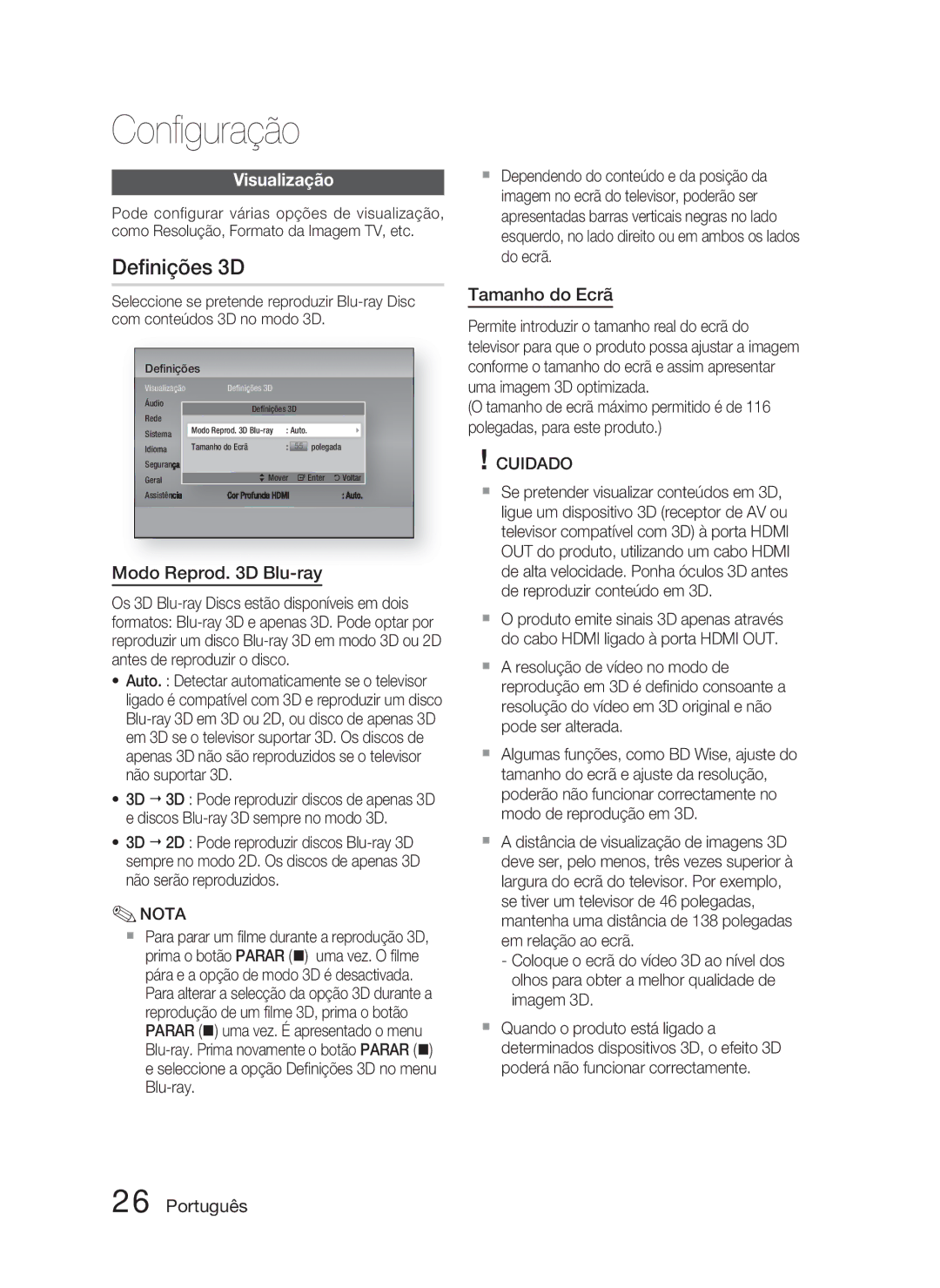 Samsung HT-D5000/ZF manual Deﬁnições 3D, Visualização, Modo Reprod D Blu-ray, Tamanho do Ecrã 