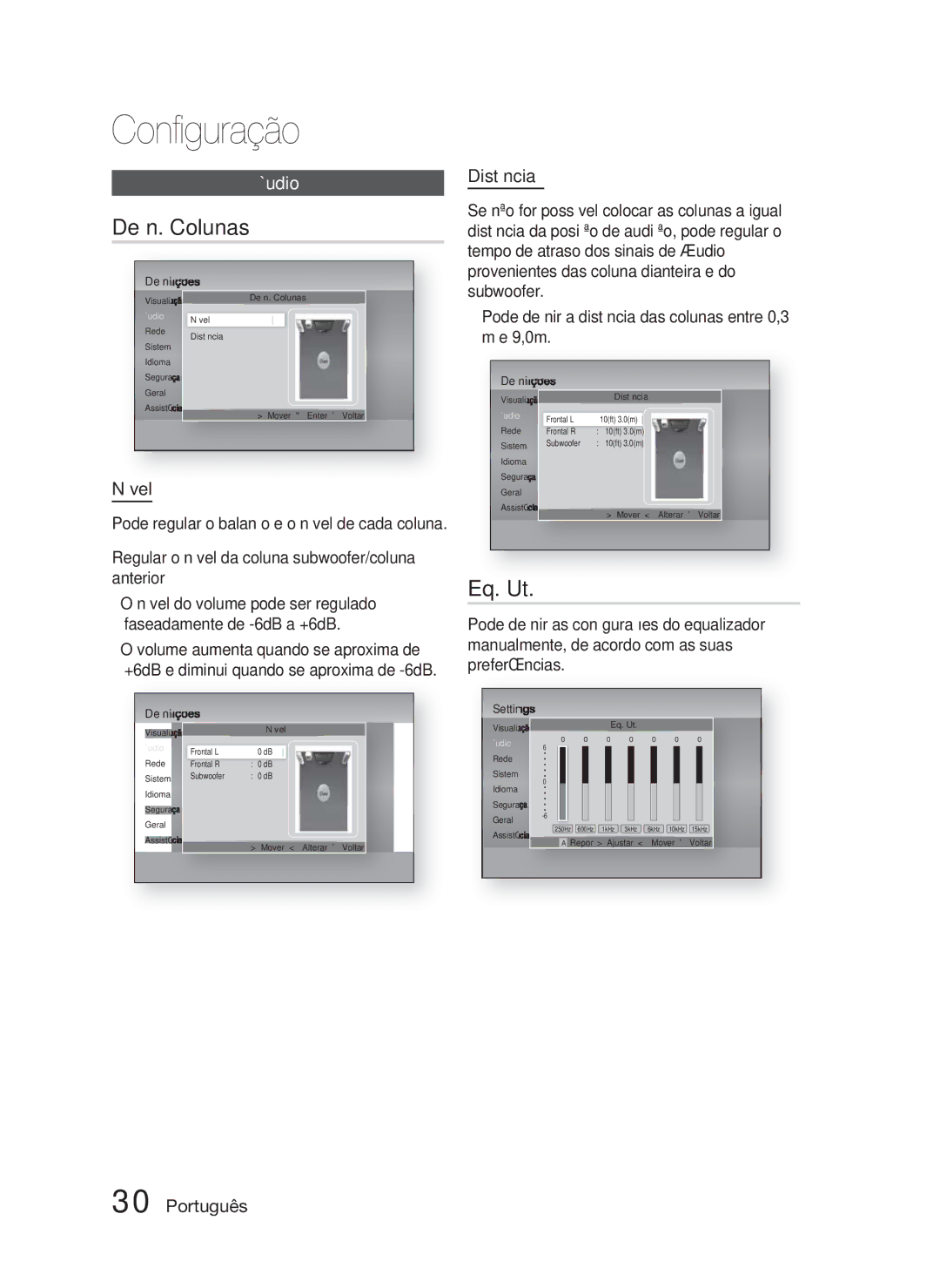 Samsung HT-D5000/ZF manual Deﬁn. Colunas, Eq. Ut, Nível, Distância 