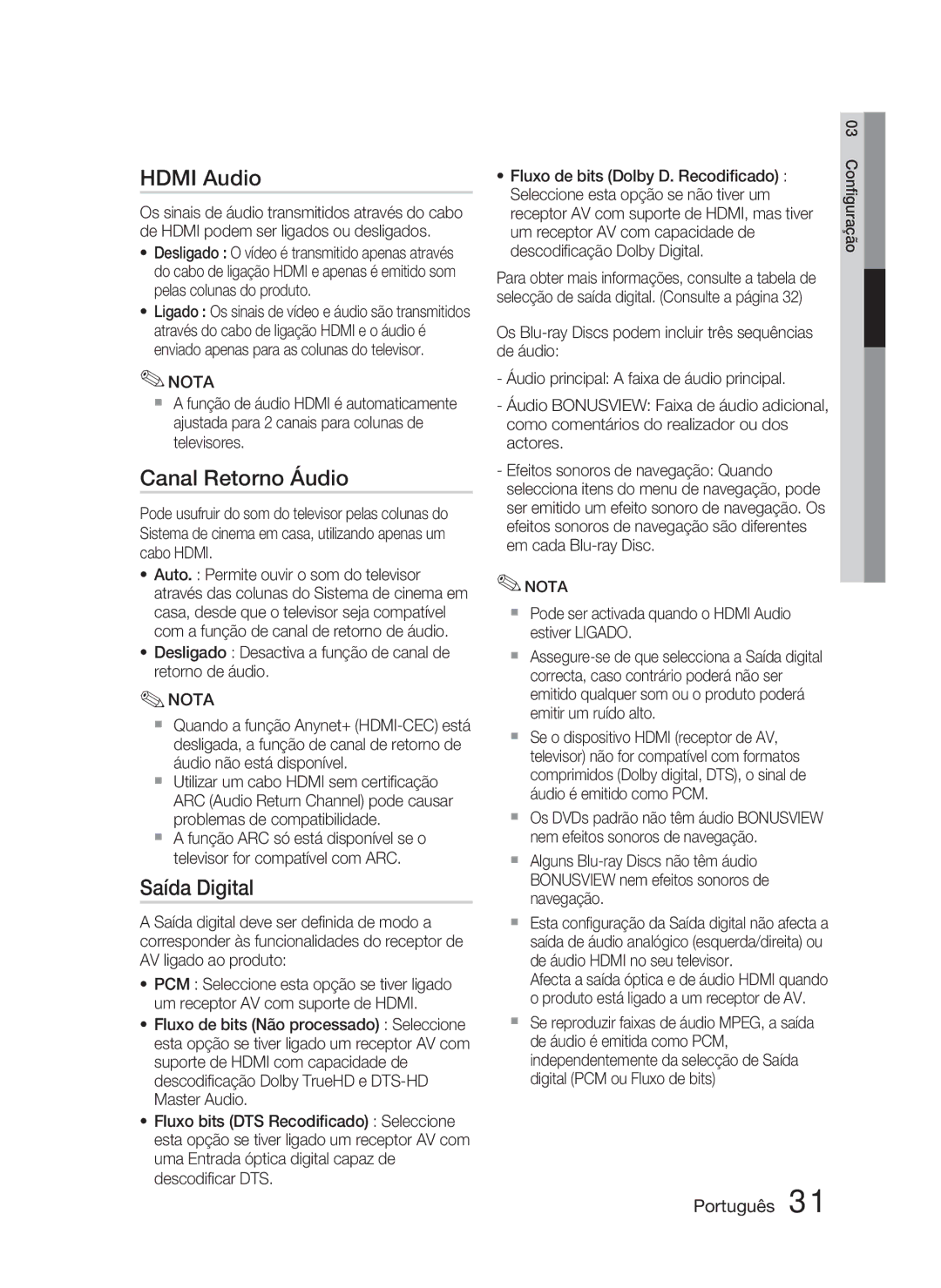 Samsung HT-D5000/ZF manual Canal Retorno Áudio, Saída Digital, Desligado Desactiva a função de canal de retorno de áudio 