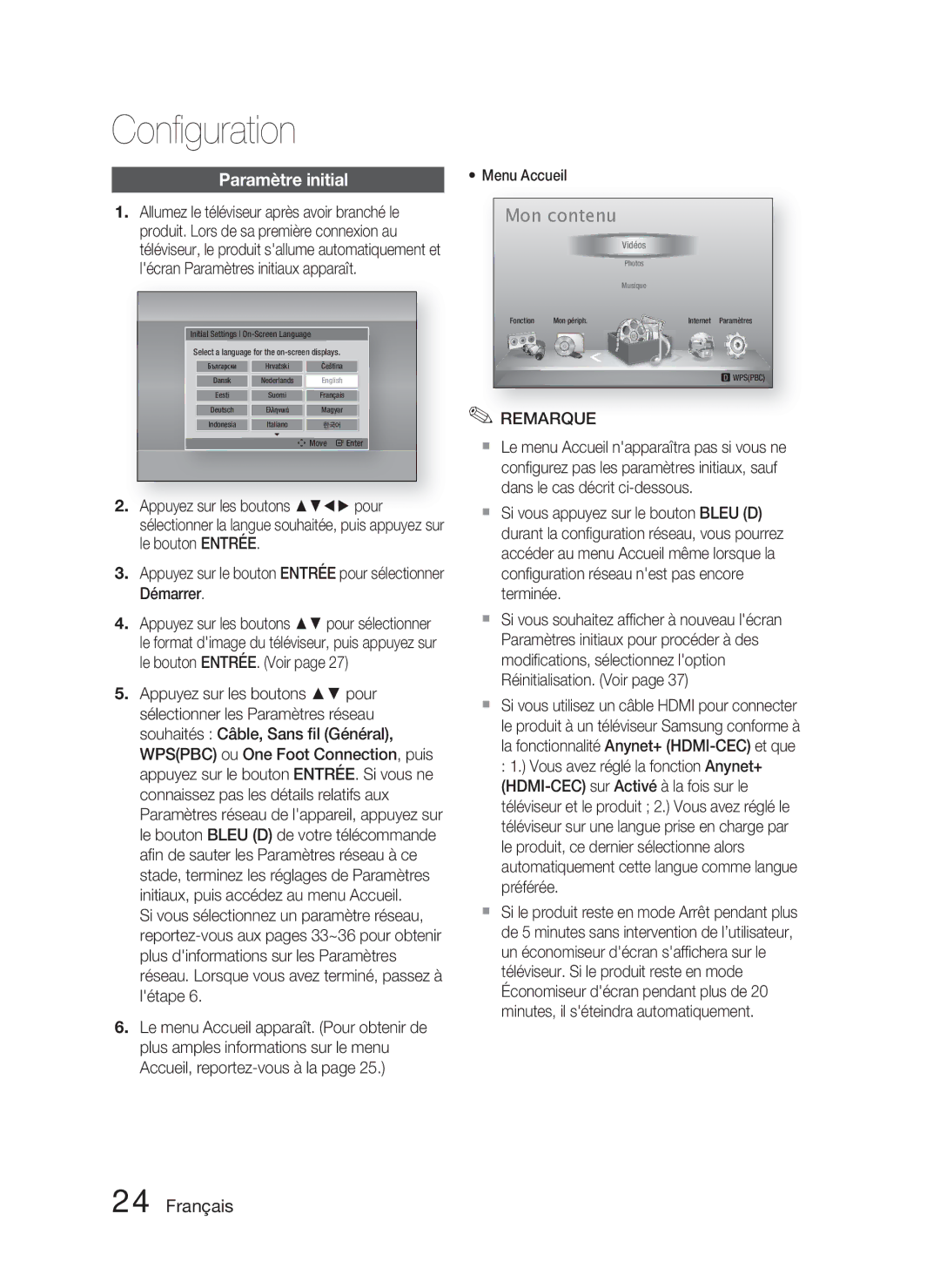 Samsung HT-D5000/ZF manual Conﬁguration, Paramètre initial 