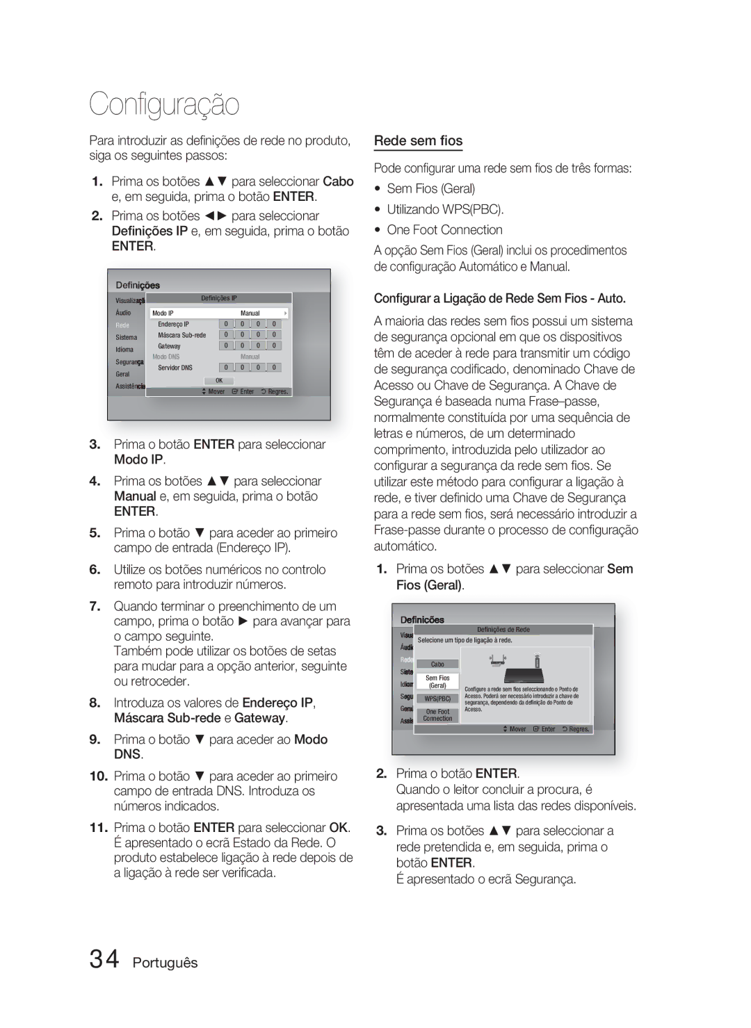 Samsung HT-D5000/ZF manual Rede sem ﬁos, Conﬁgurar a Ligação de Rede Sem Fios Auto, Prima o botão Enter 