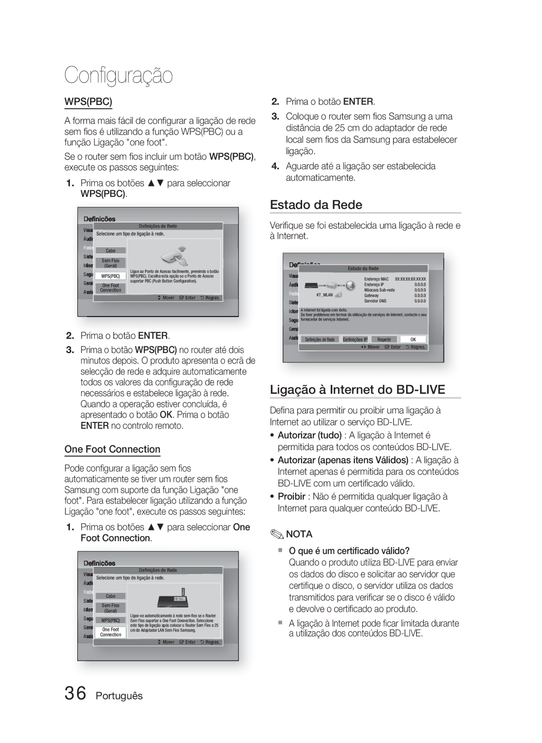 Samsung HT-D5000/ZF Estado da Rede, Ligação à Internet do BD-LIVE, Prima os botões para seleccionar One Foot Connection 