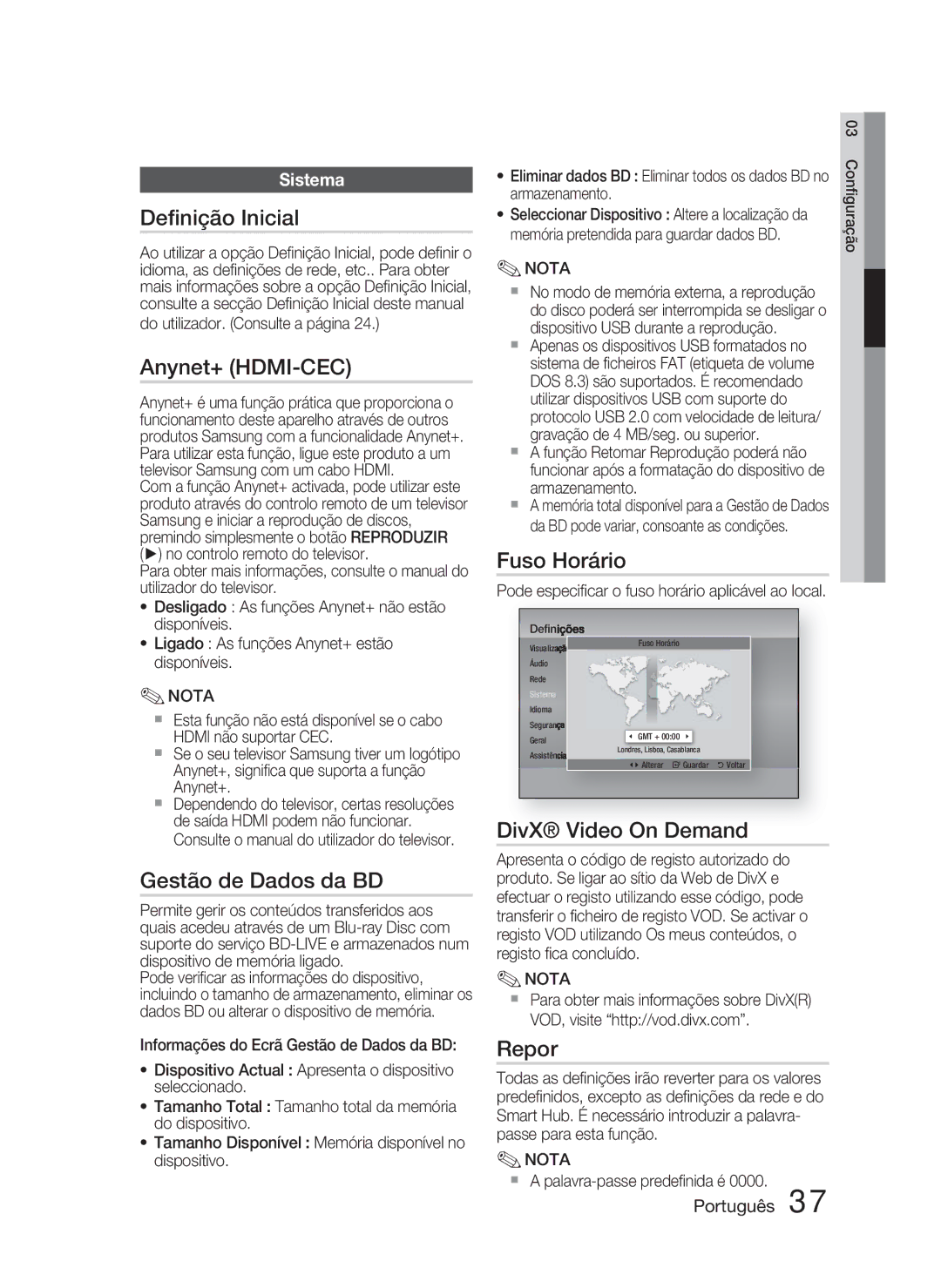 Samsung HT-D5000/ZF manual Deﬁnição Inicial, Gestão de Dados da BD, Fuso Horário, Repor 