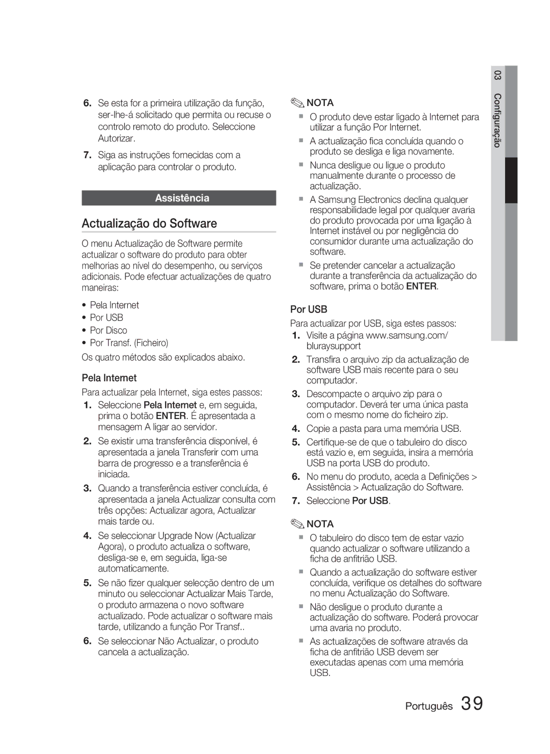 Samsung HT-D5000/ZF Actualização do Software, Assistência, Pela Internet, Para actualizar pela Internet, siga estes passos 